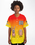 Front view of a red-to-yellow gradient EDM baseball jersey worn by a model, featuring cartoon finger characters and bold meme text — chaotic rave outfit for festival ravers from CollegeWares.