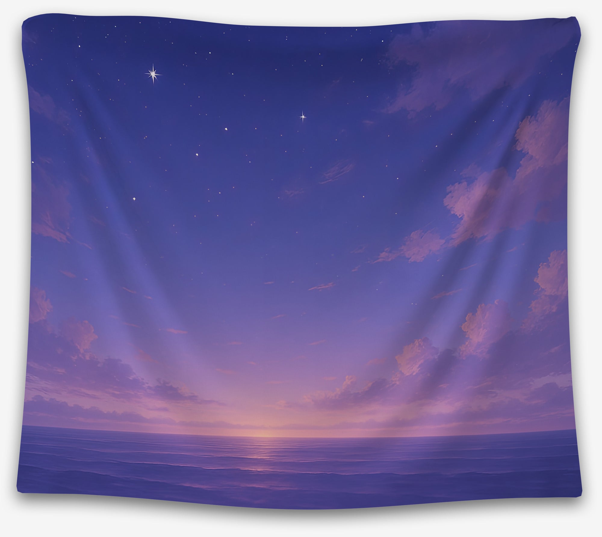 Purple ocean sunset tapestry with starlit sky and calm sea horizon, peaceful night sky wall decor for dorm or bedroom by CollegeWares.