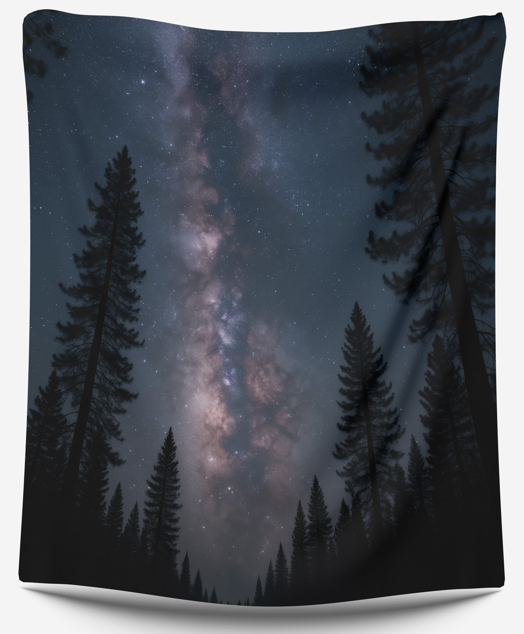 Milky Way galaxy above dark pine trees in a starry night sky, perfect forest dorm tapestry or celestial wall hanging by CollegeWares.