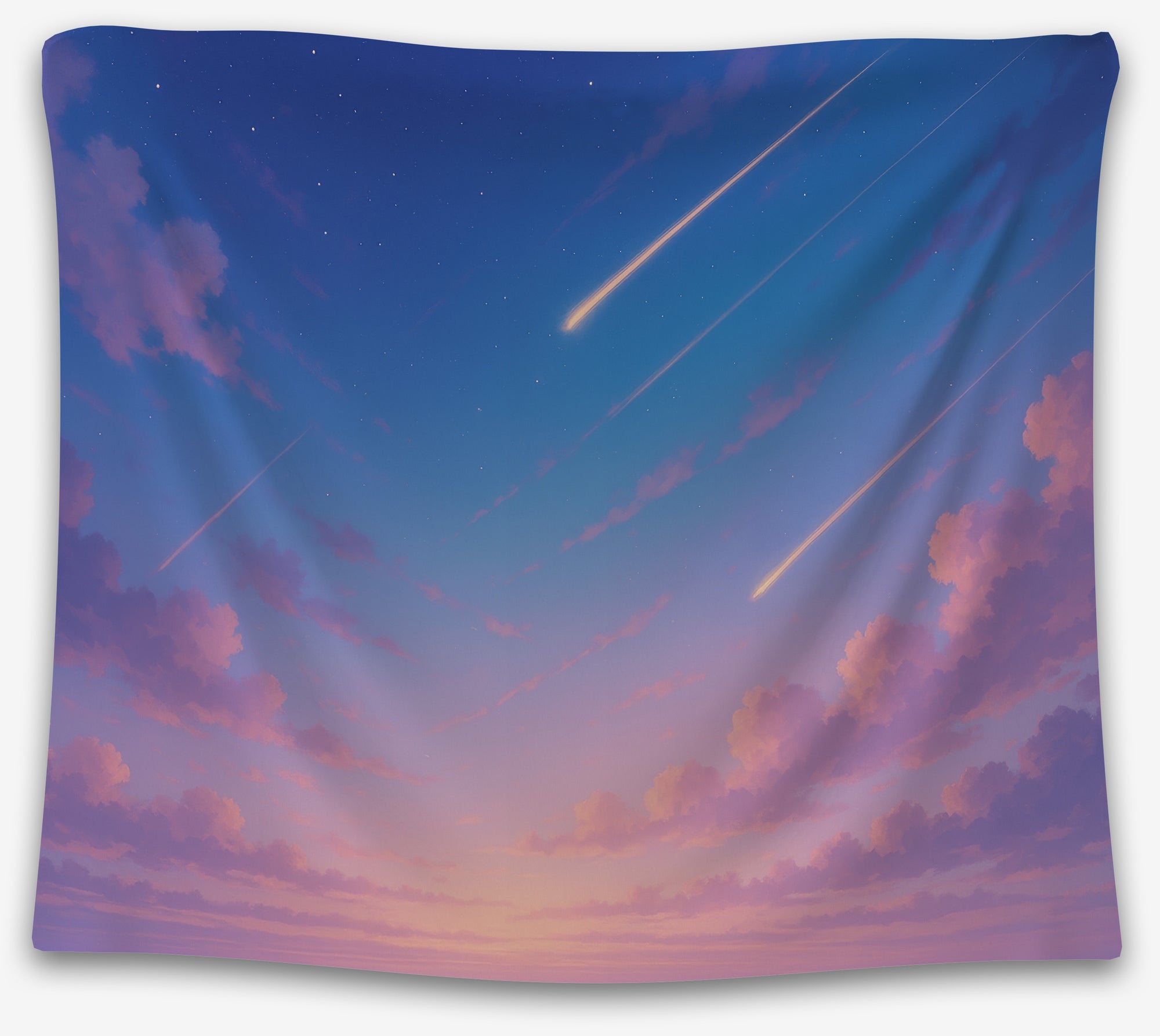 Shooting star tapestry with pastel pink clouds and twilight sky, perfect dreamy celestial dorm wall art by CollegeWares.