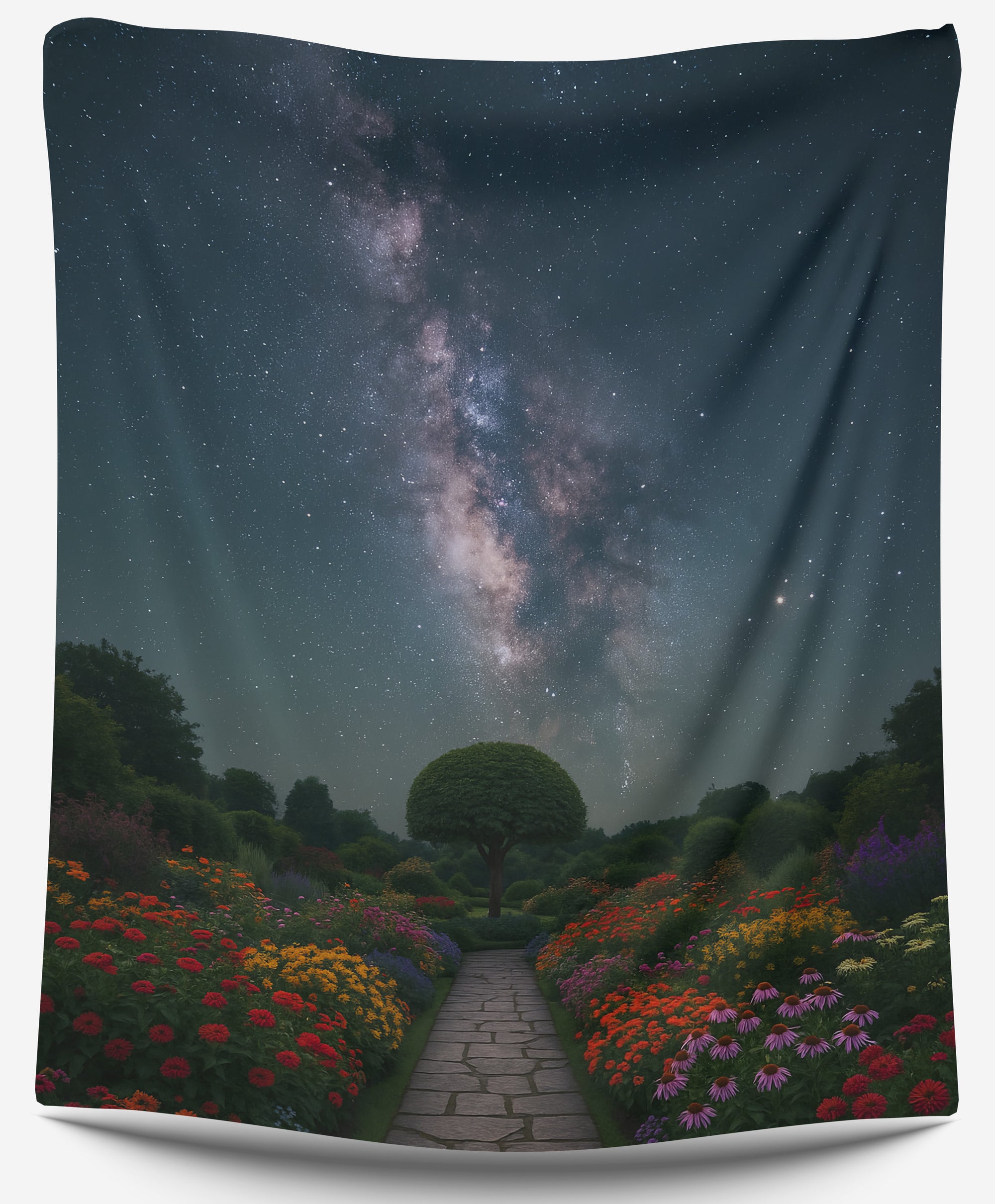 Colorful flower garden under Milky Way night sky, dreamy celestial dorm tapestry for nature-inspired college wall decor by CollegeWares.