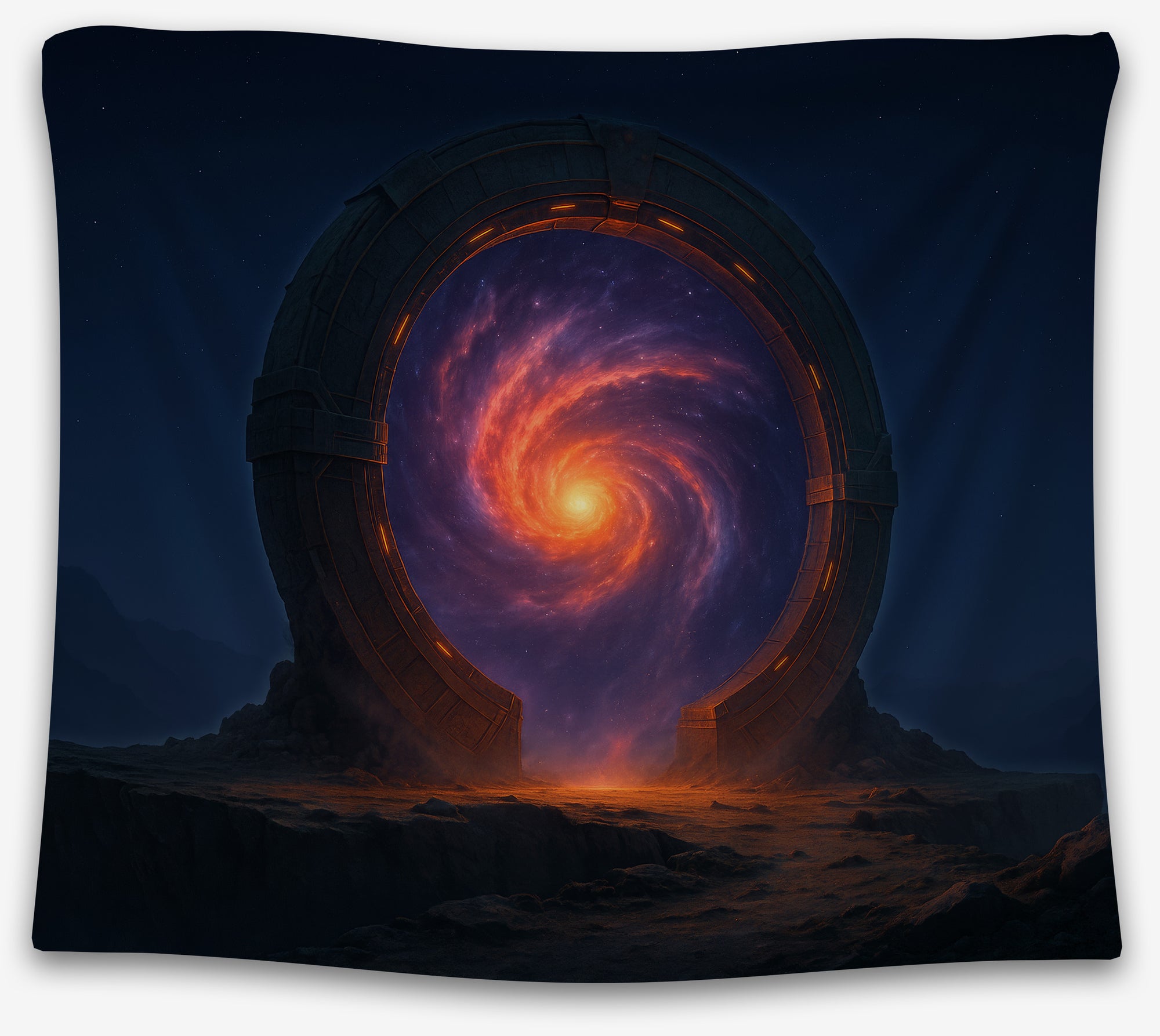 Sci-fi portal tapestry with glowing red galaxy inside a circular gate on alien terrain, perfect cosmic dorm tapestry or space wall hanging by CollegeWares.