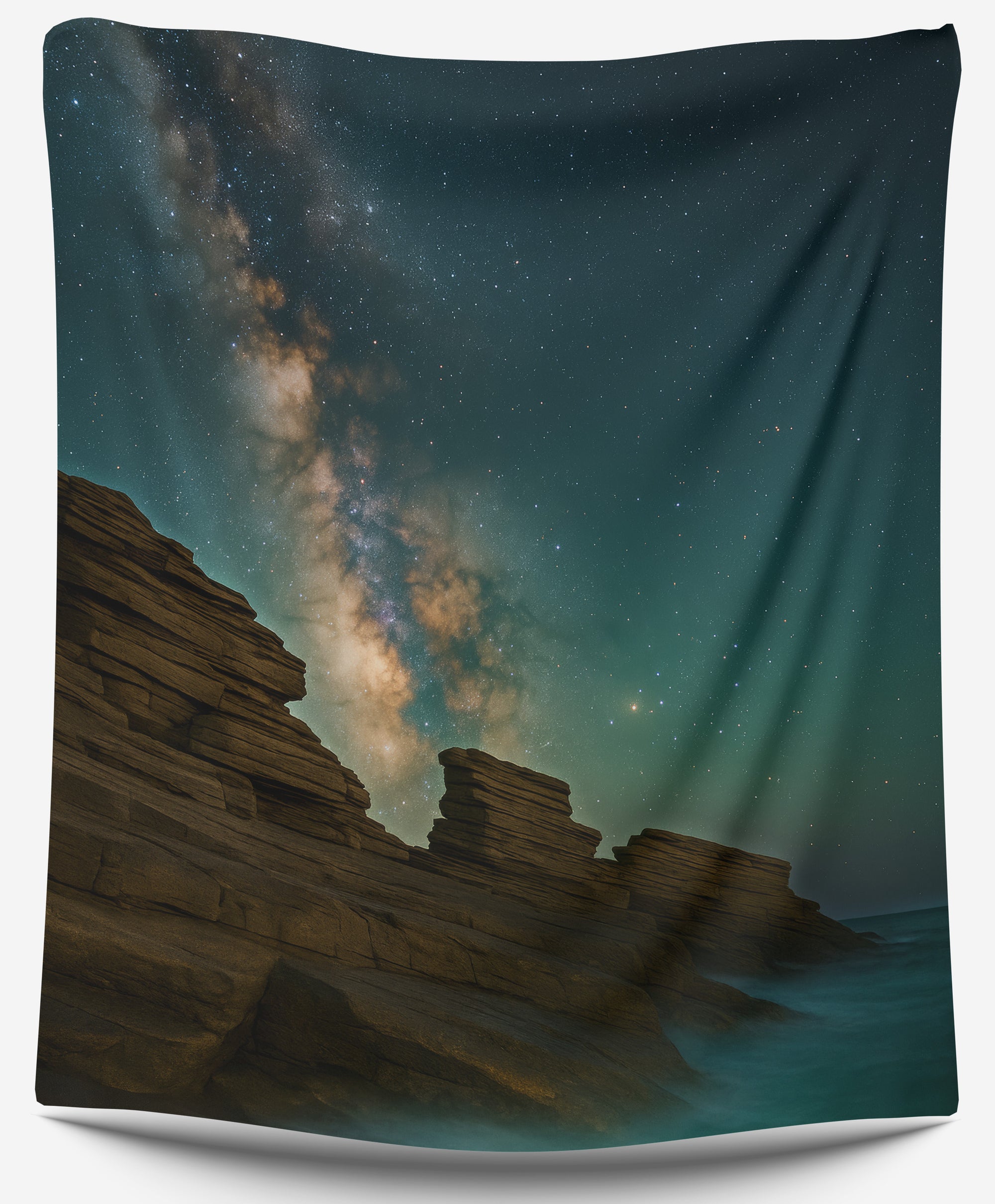 Milky Way galaxy over rocky seaside cliffs tapestry, night sky coastal wall art by CollegeWares.