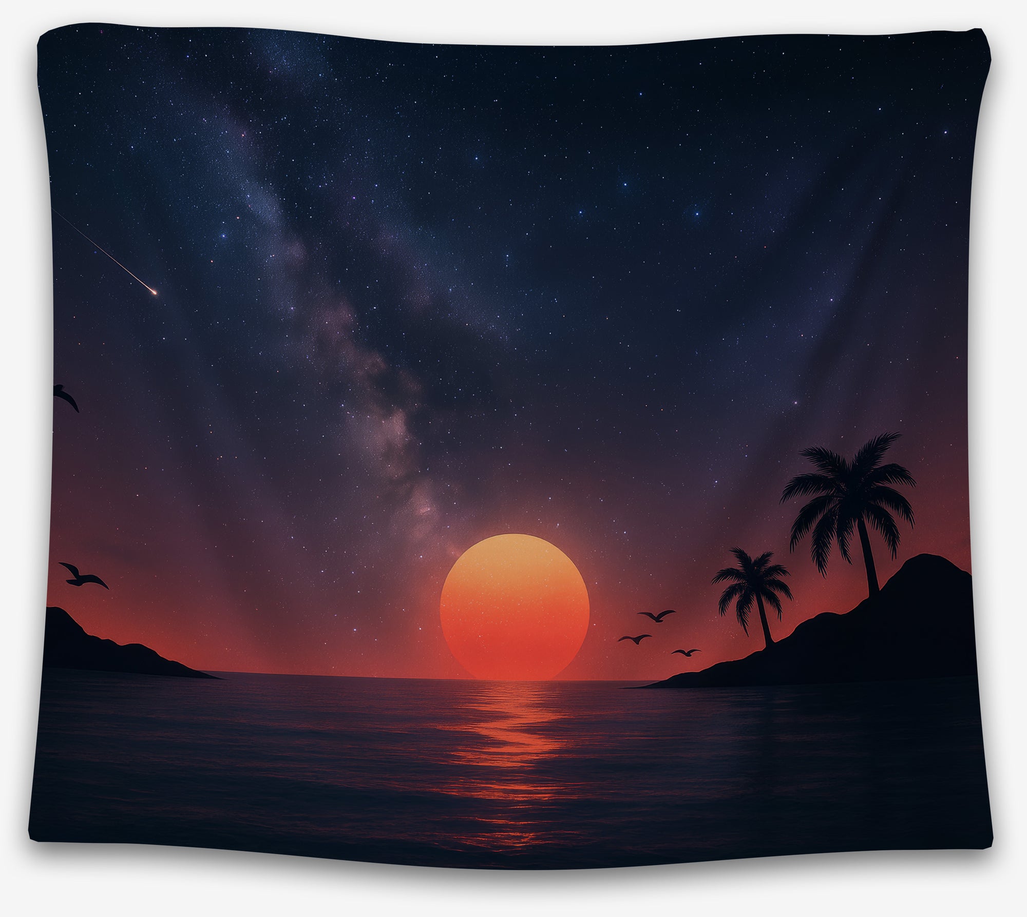 Cosmic beach tapestry with red sunset, palm silhouettes, and starry galaxy sky, perfect night sky dorm tapestry or vaporwave wall art by CollegeWares.