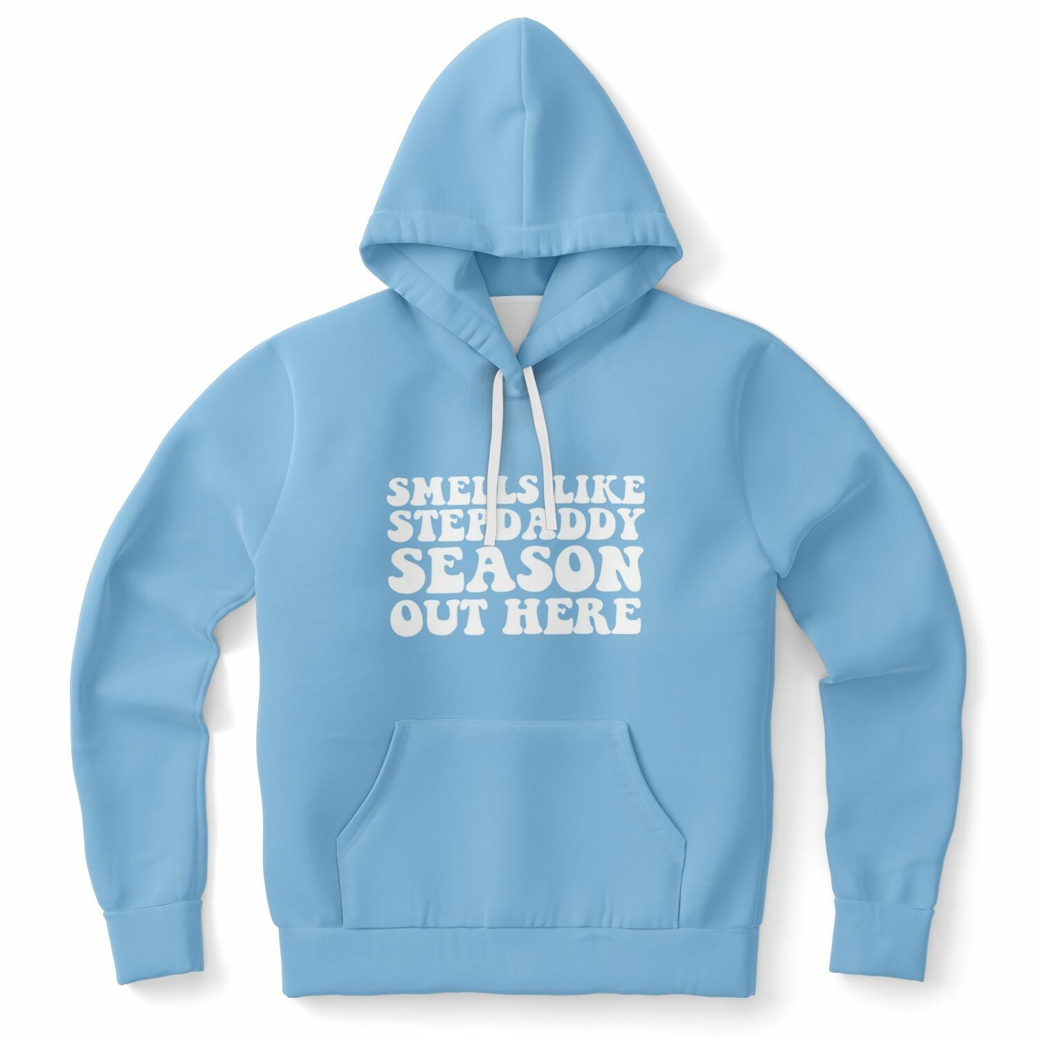 Blue hoodie with bold white text reading “Smells Like Stepdaddy Season Out Here” — sugar baby starter kit energy from CollegeWares.