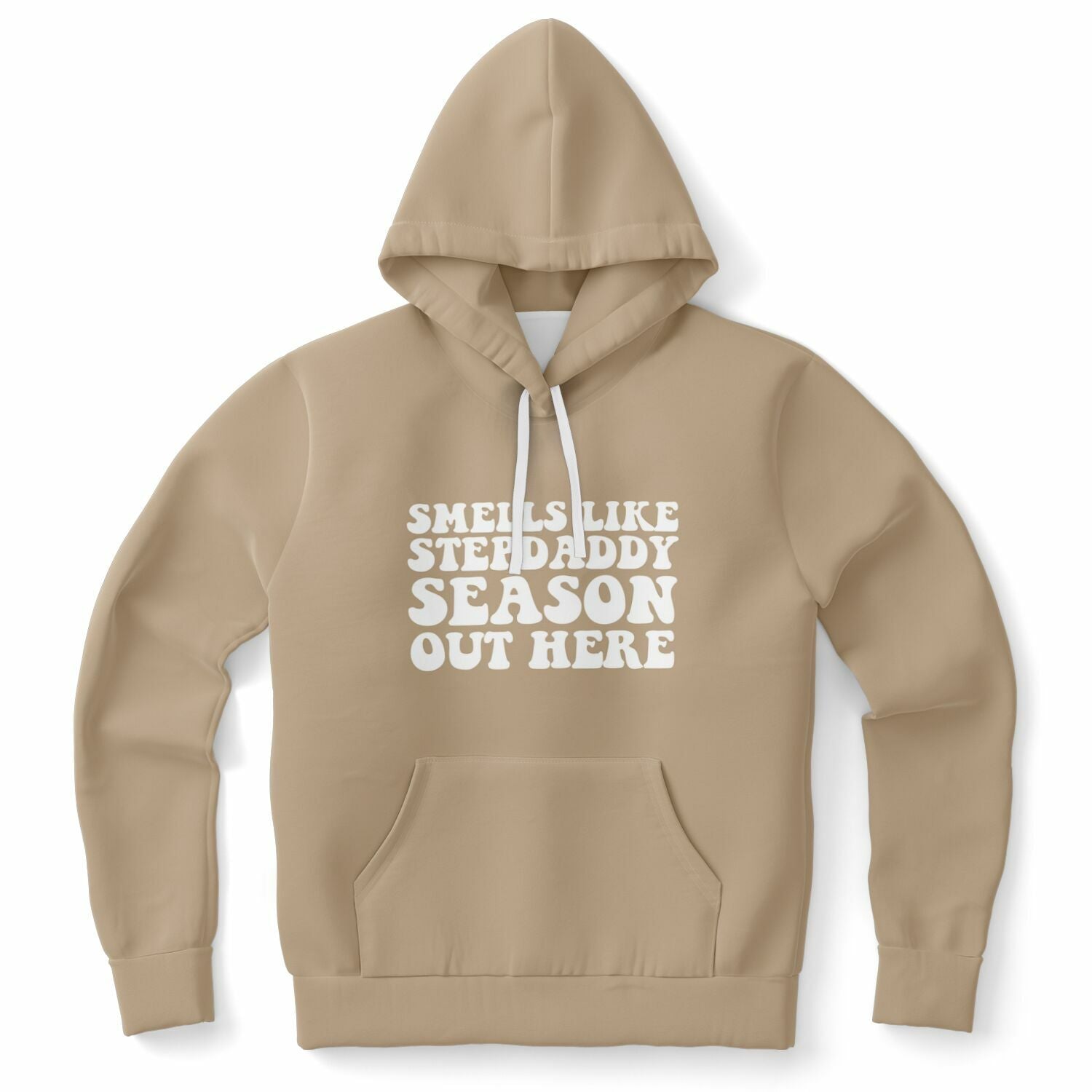 Brown hoodie with white retro font spelling out “Smells Like Stepdaddy Season Out Here” — spicy and suggestive with max side chick vibes from CollegeWares.