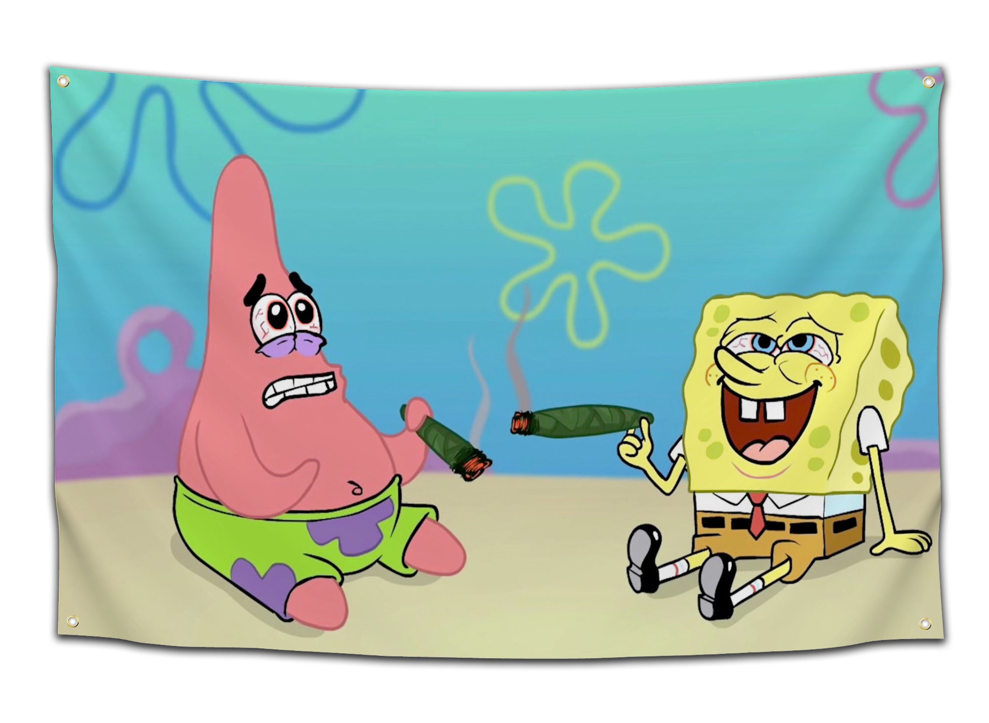 Flag featuring a cartoon version of SpongeBob and Patrick holding giant blunts, with red eyes and relaxed expressions — funny stoner cartoon flag from CollegeWares.