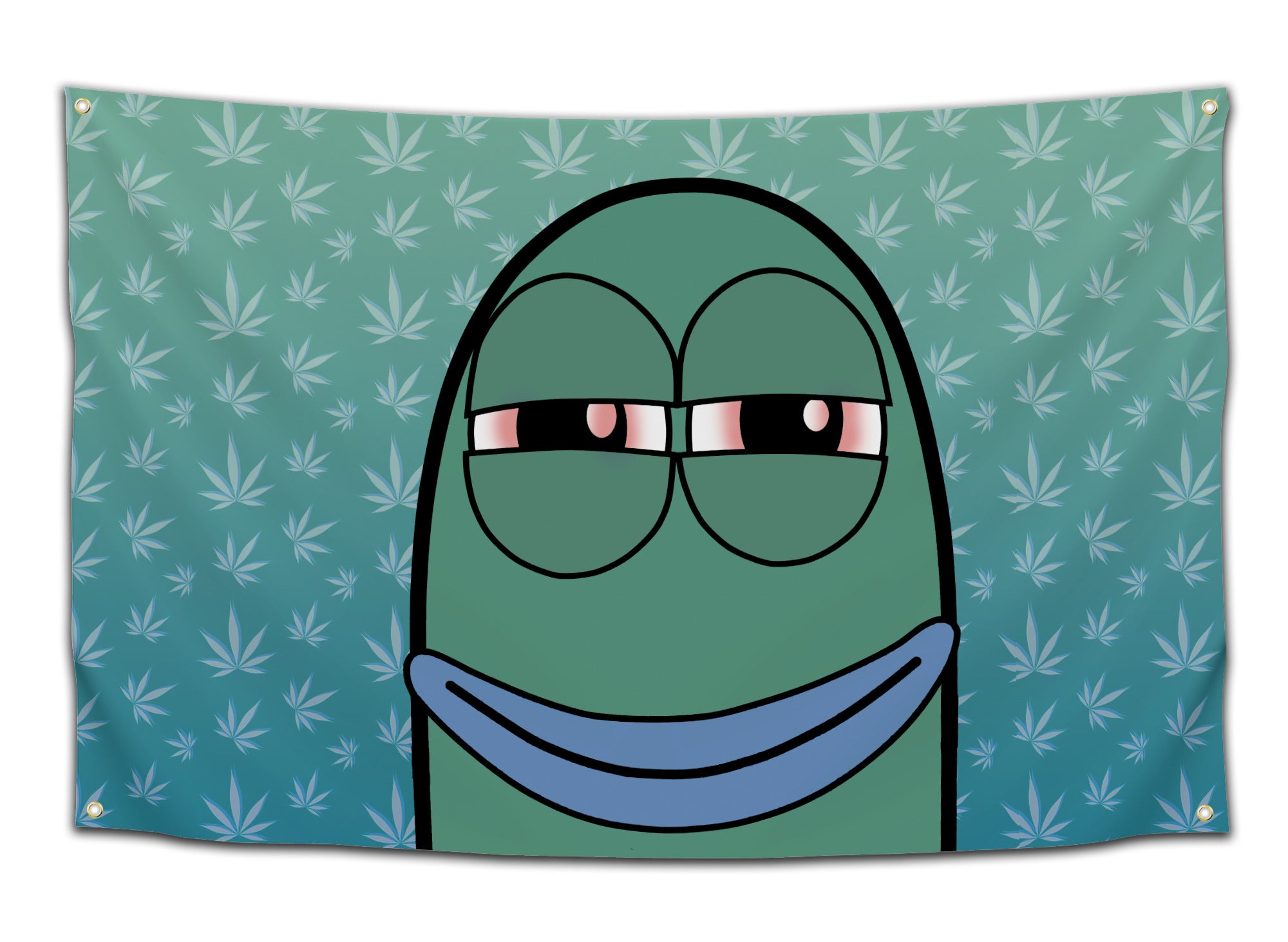Flag featuring a high cartoon fish character with a blue background covered in marijuana leaves — funny stoner flag from CollegeWares.