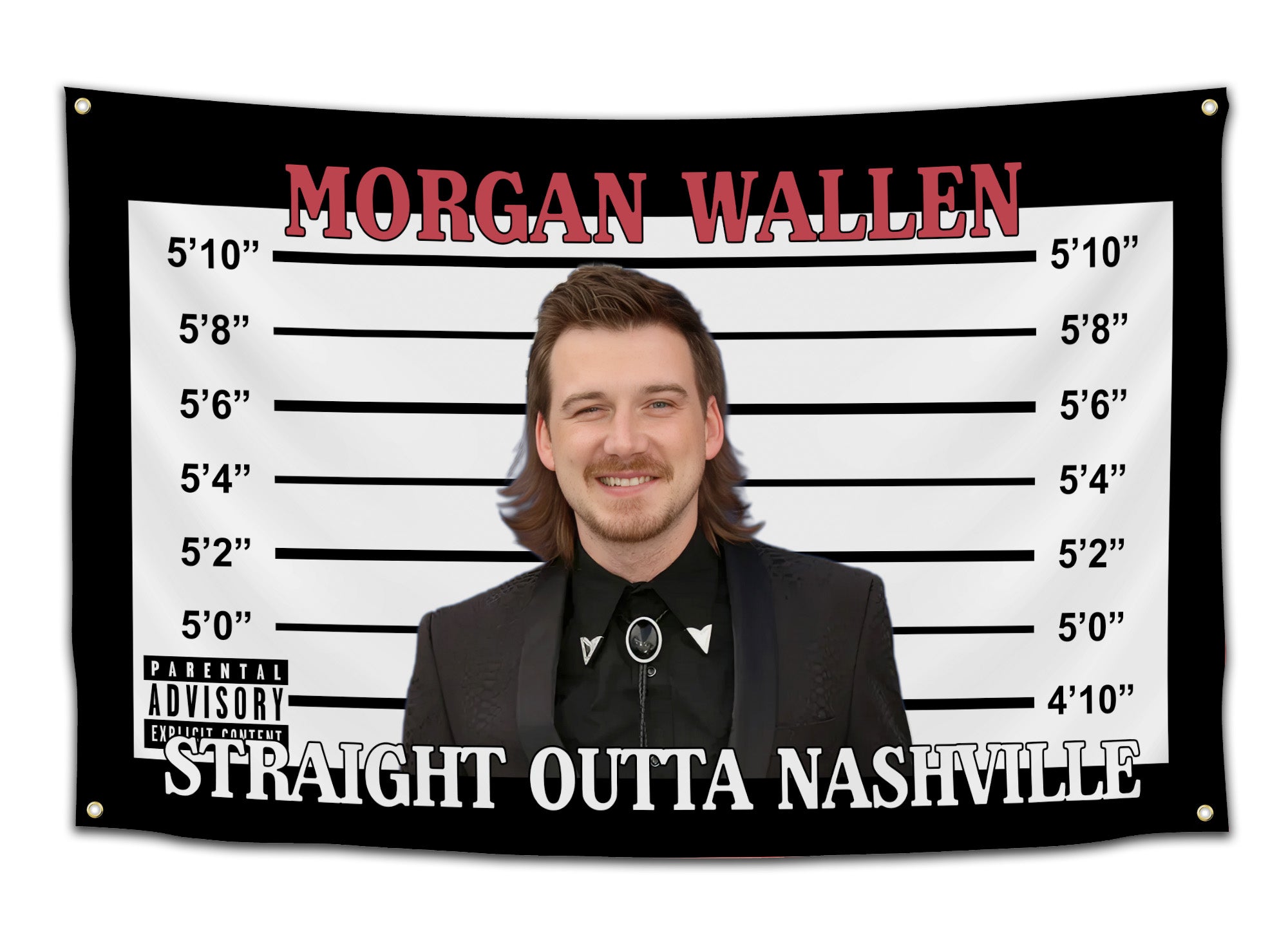 Funny Nashville-themed flag styled like a mugshot with a smiling country singer and text that says “Straight Outta Nashville” — perfect for tailgates and dorm decor from CollegeWares.