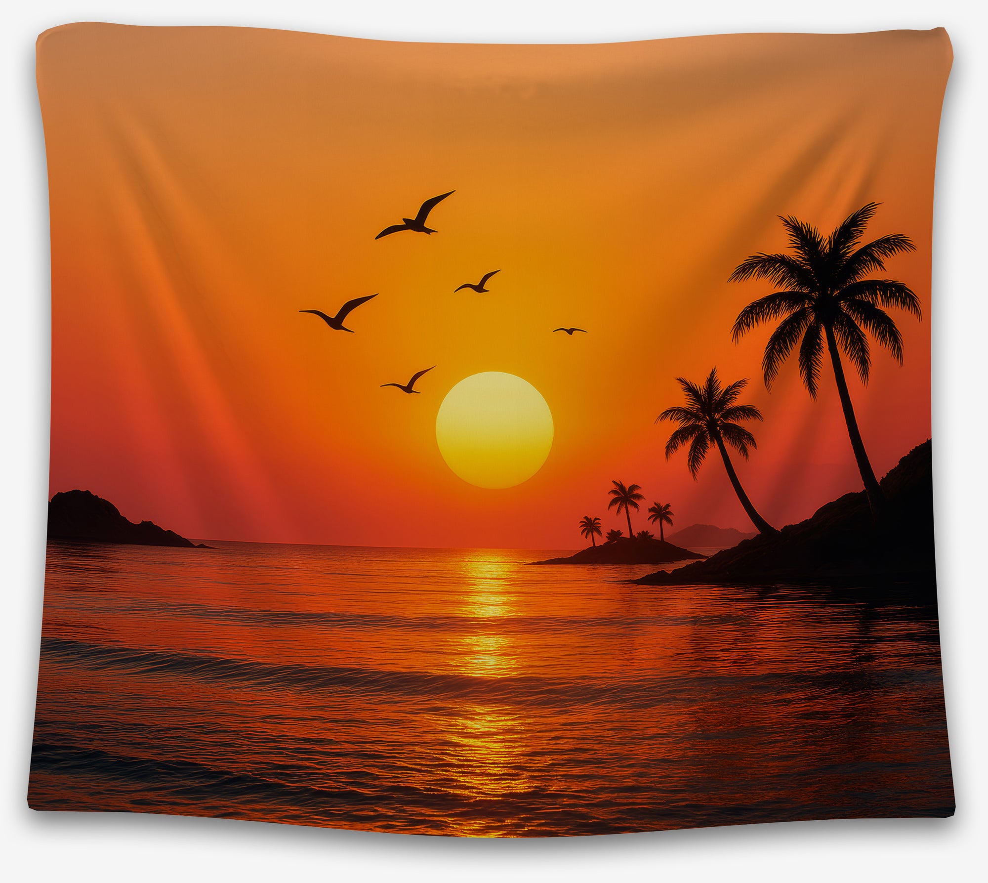 Tropical sunset dorm tapestry with orange and gold sky, palm trees, ocean waves, and birds — aesthetic college wall hanging and beachy room decor by CollegeWares.