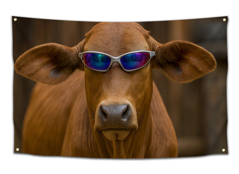 Funny dorm flag featuring a realistic brown cow wearing reflective sunglasses with the phrase “I Should Call Her” — ironic meme wall decor for college students, stoners, and party rooms from CollegeWares.