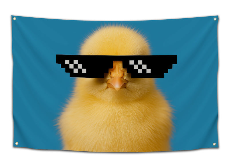 Funny dorm flag featuring a fluffy yellow duck wearing black pixelated sunglasses on a blue background — meme wall decor for college party rooms, frat houses, and chaotic living spaces from CollegeWares.