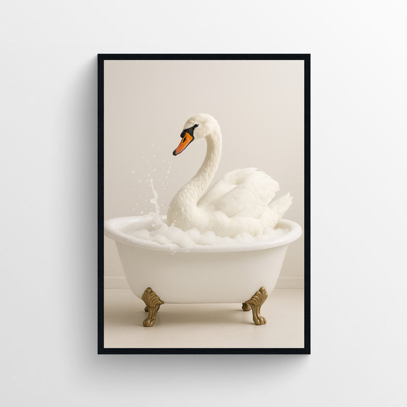 Photorealistic swan relaxing in a white clawfoot bathtub — funny bathroom poster with minimalist modern style for apartments, dorms, and guest bathrooms, animal wall print by CollegeWares.
