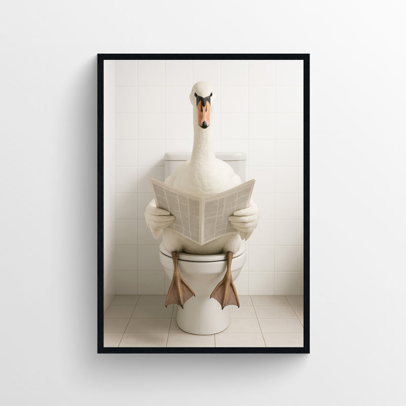 Photorealistic swan sitting on a toilet reading a newspaper — funny bathroom poster with clean minimalist style for apartments, dorms, and guest bathrooms, animal wall print by CollegeWares.