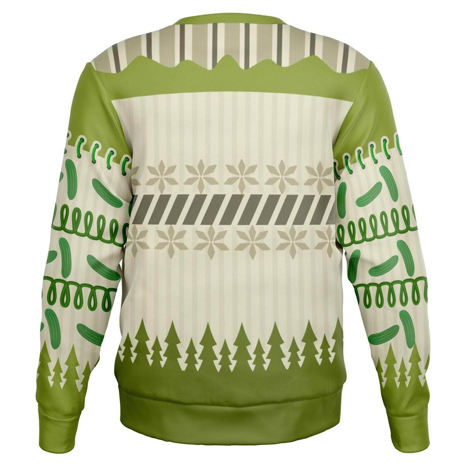Back view of green sweater with tree silhouettes, striped accents, and no text — playful adult design from CollegeWares.