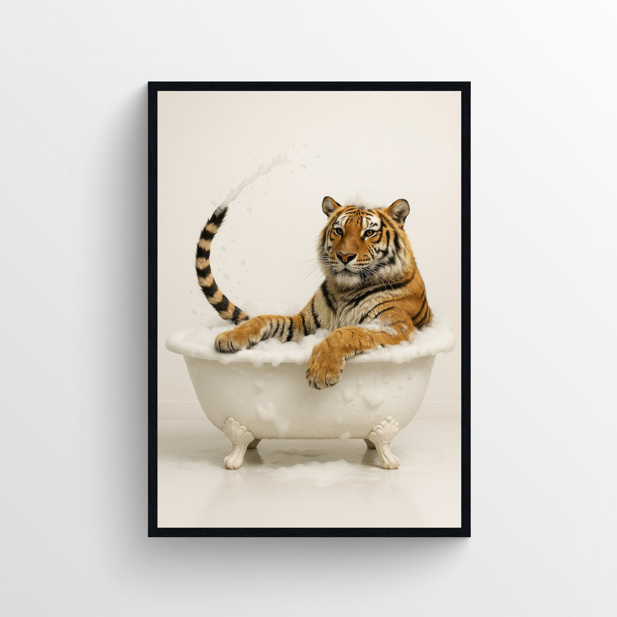 Photorealistic tiger relaxing in a white clawfoot bathtub — funny bathroom poster with clean minimalist style for apartments, dorms, and guest bathrooms, animal wall print by CollegeWares.