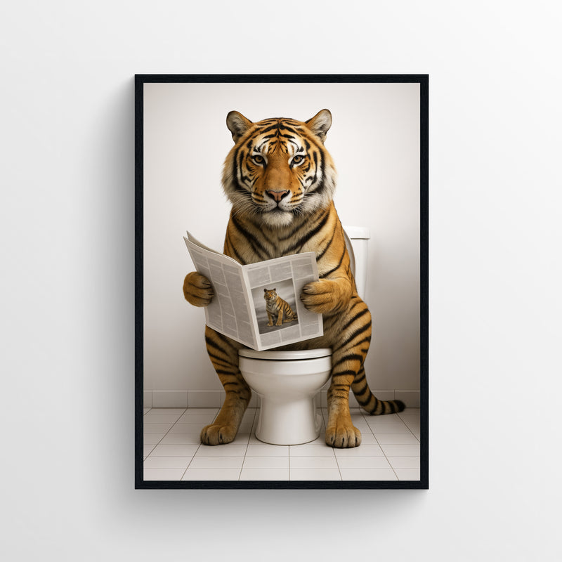 Photorealistic tiger sitting on a toilet reading a newspaper — funny bathroom poster with clean minimalist style for apartments, dorms, and guest bathrooms, animal wall print by CollegeWares.