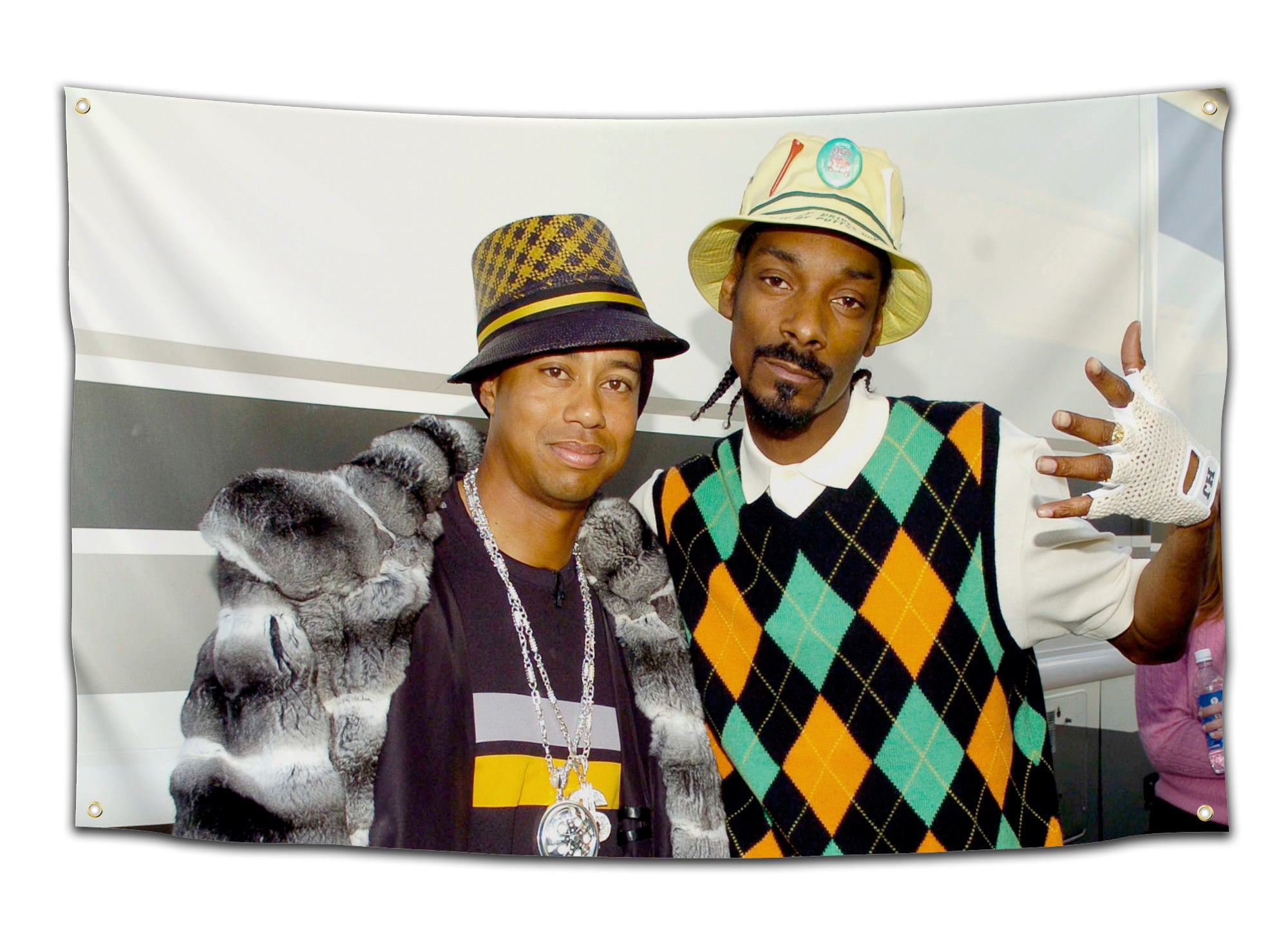 Flag featuring Tiger Woods and Snoop Dogg wearing colorful 2000s outfits, standing together smiling — iconic celebrity duo flag from CollegeWares.