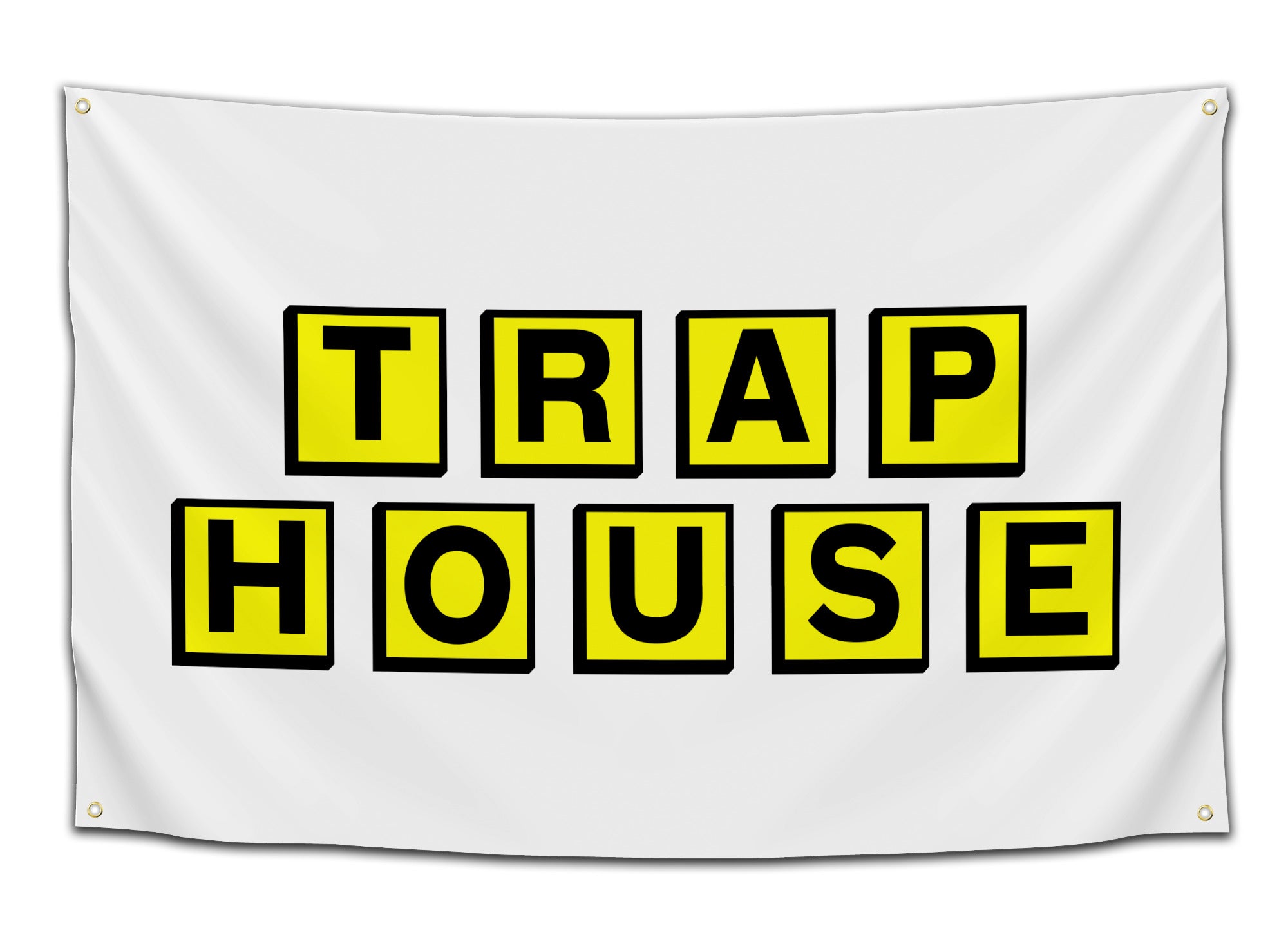 Flag featuring the words “Trap House” in black letters inside bright yellow squares on a clean white background — rap culture flag from CollegeWares.