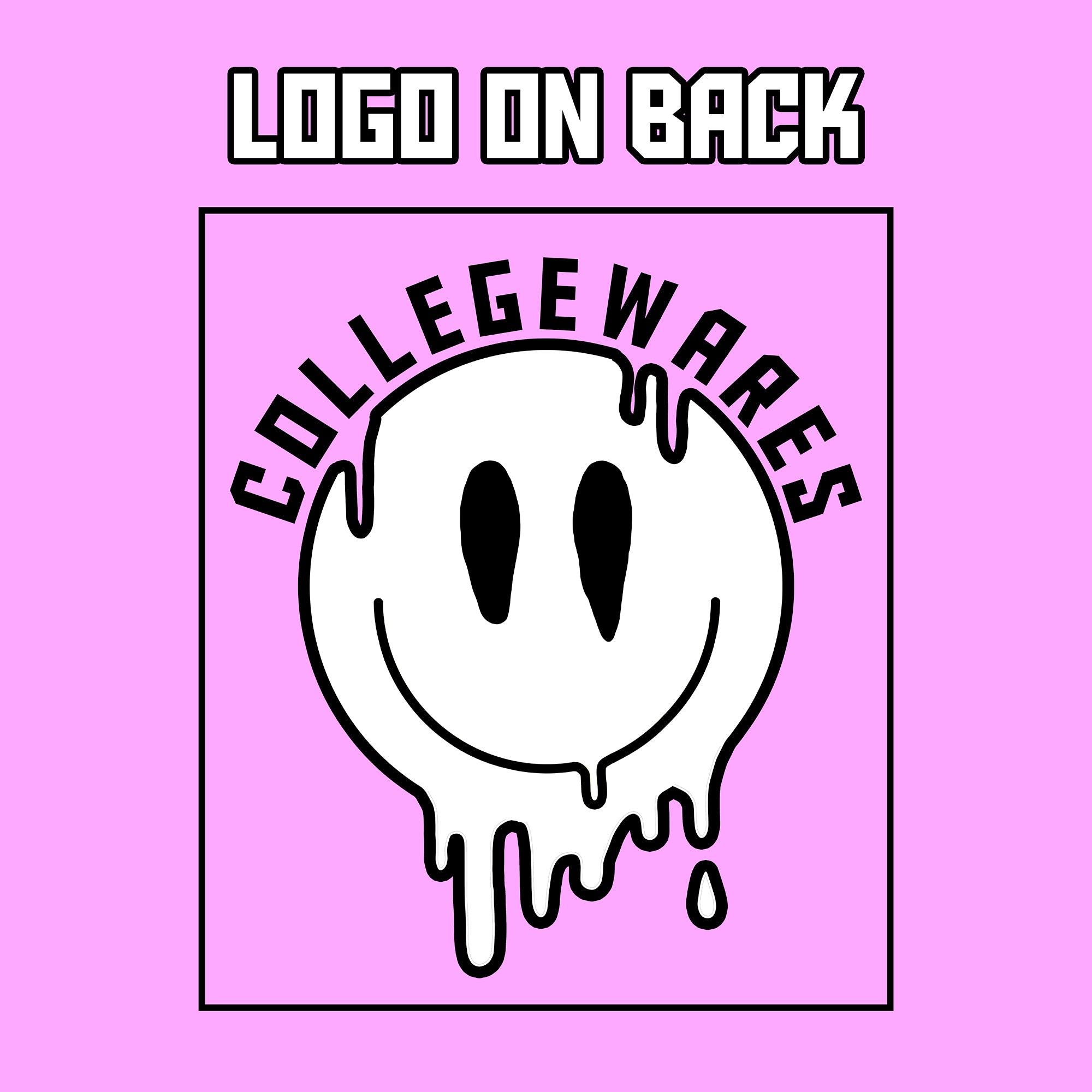 CollegeWares trippy smiley face logo on back — this is the graphic that will appear on the back of the sweatshirt, regardless of the color selected