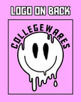 CollegeWares trippy smiley face logo on back — this is the graphic that will appear on the back of the sweatshirt, regardless of the color selected
