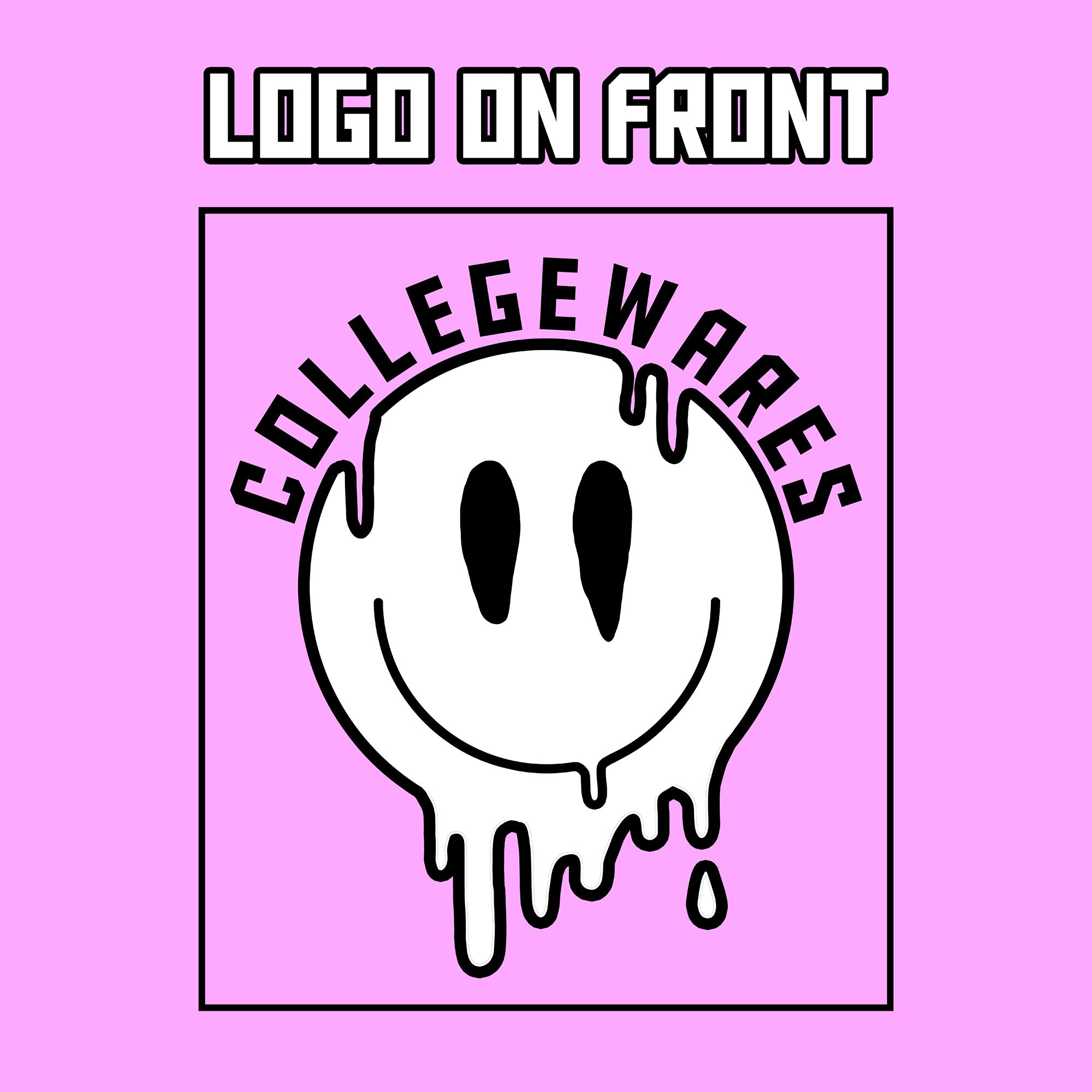 CollegeWares trippy smiley face logo on front — this is the graphic that will appear on the front of the sweatshirt, no matter which color you choose