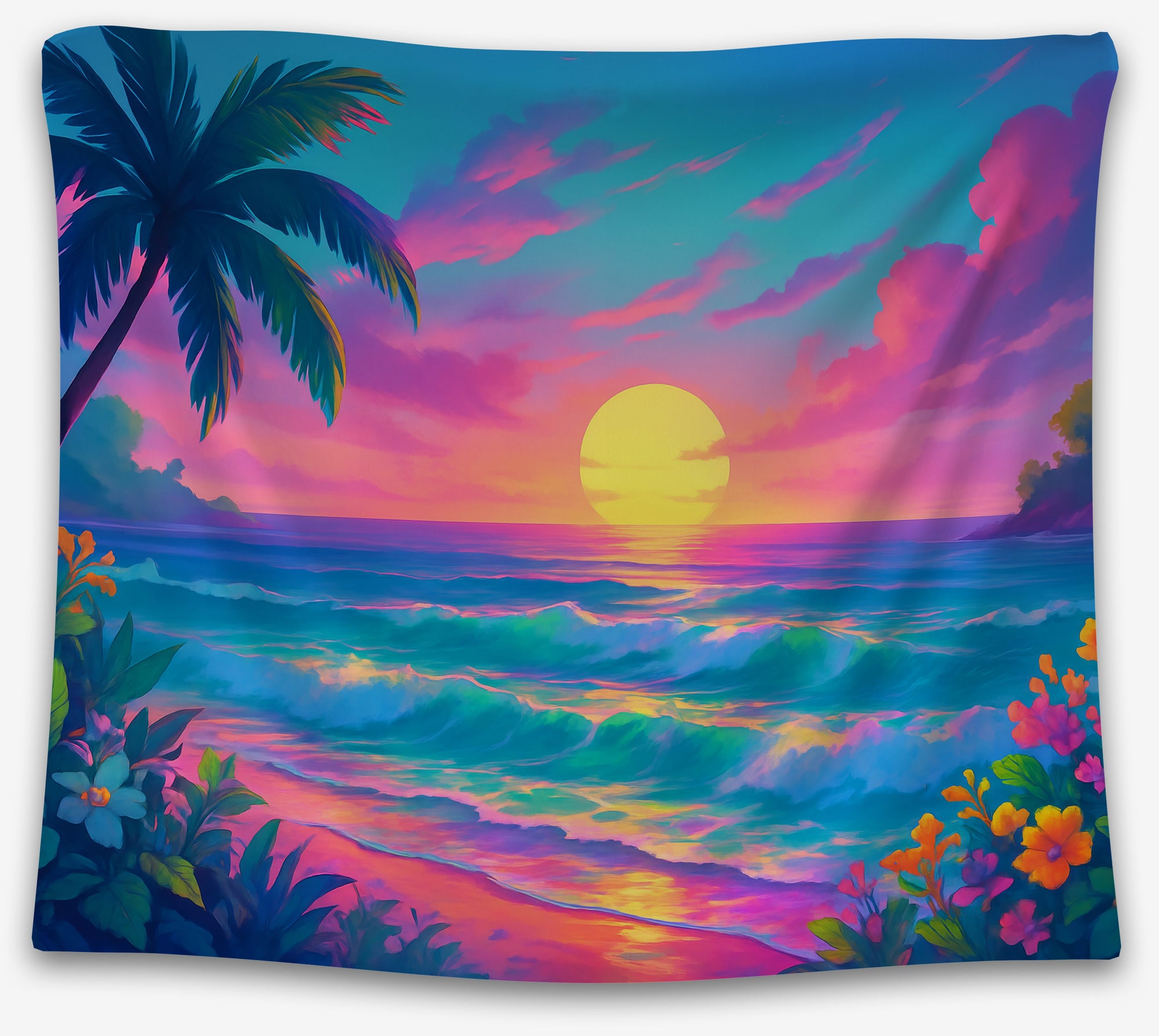 Vibrant tropical sunset tapestry with neon pink sky, teal ocean waves, and colorful flowers, perfect beach dorm tapestry by CollegeWares.