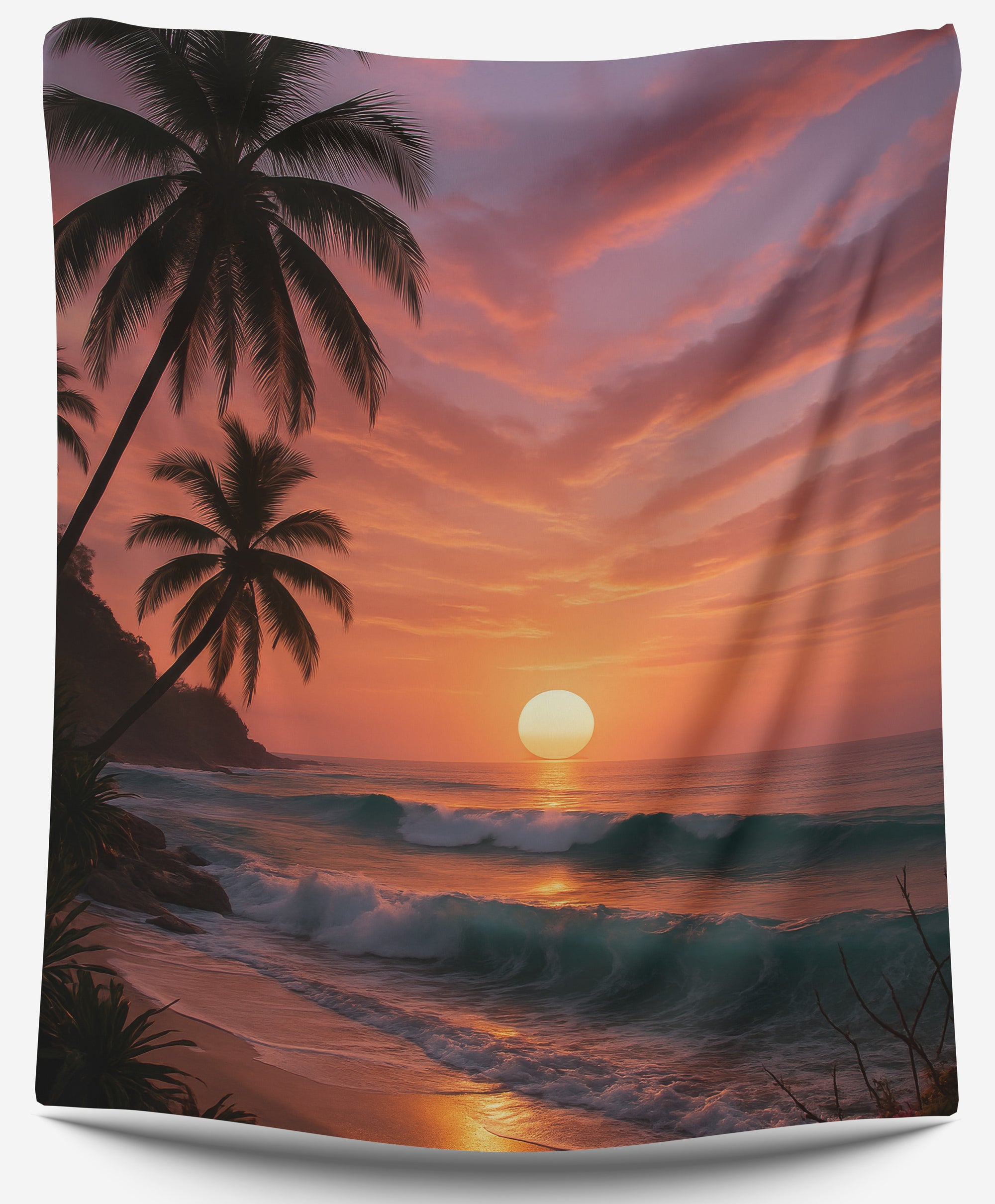Tropical sunset tapestry with palm trees, orange sky, and teal ocean waves, perfect beach dorm tapestry or coastal wall hanging by CollegeWares.