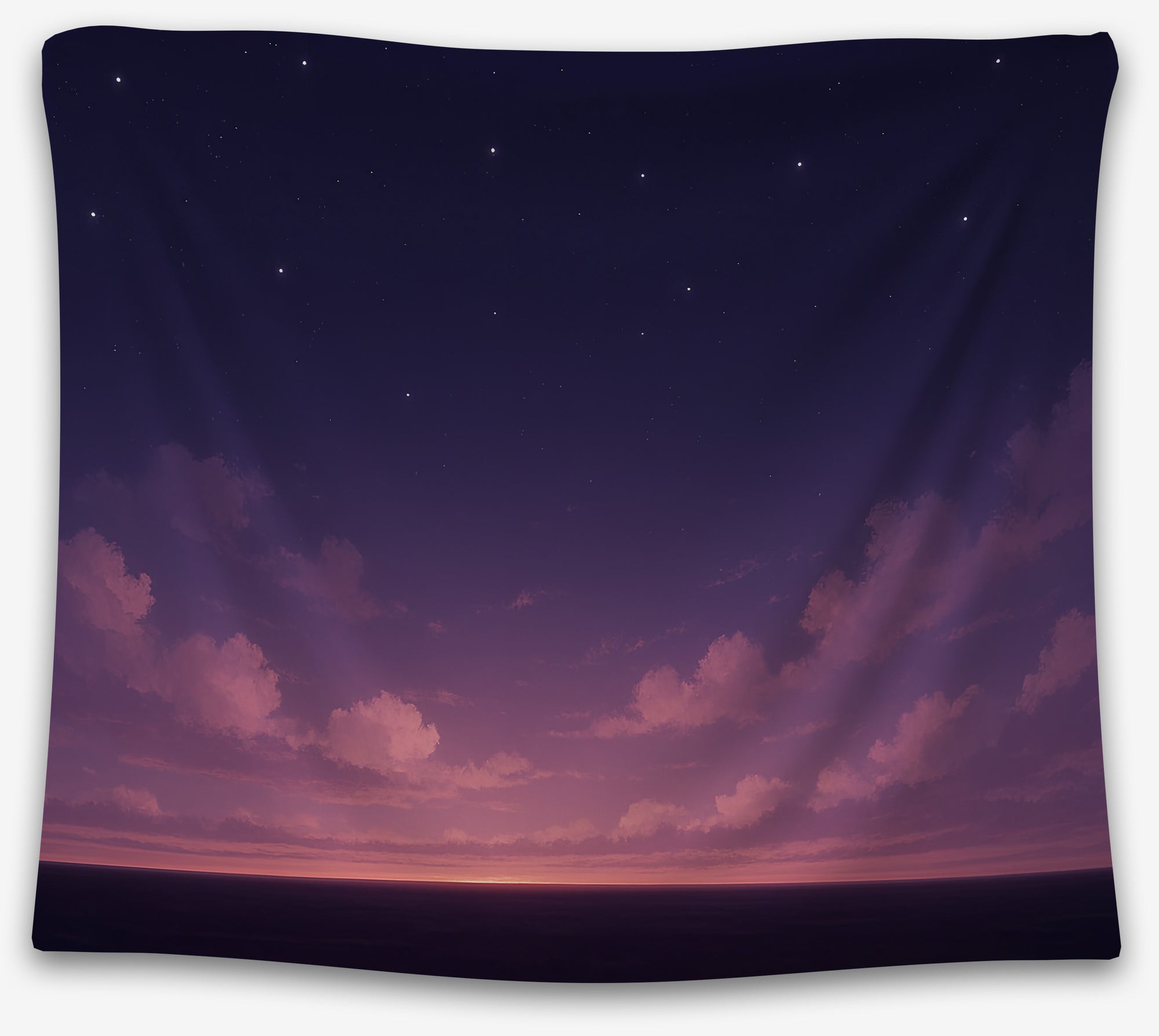 Purple twilight sky tapestry with stars and pink horizon glow, minimalist night sky wall hanging for dorm or bedroom decor by CollegeWares.
