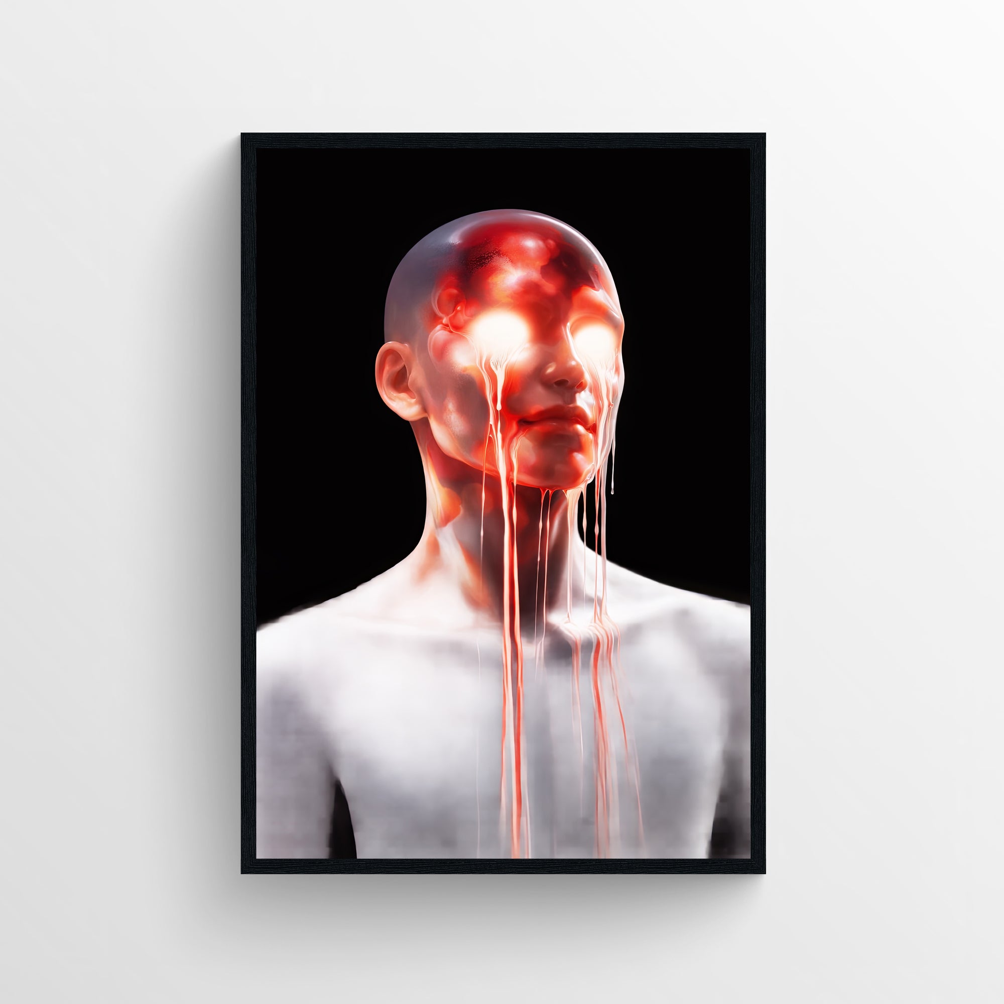 Trippy surreal wall poster featuring a minimalist human figure with glowing eyes and fluid, melting textures on a black background — modern aesthetic room decor for college rooms, apartments, and creative studios by CollegeWares.