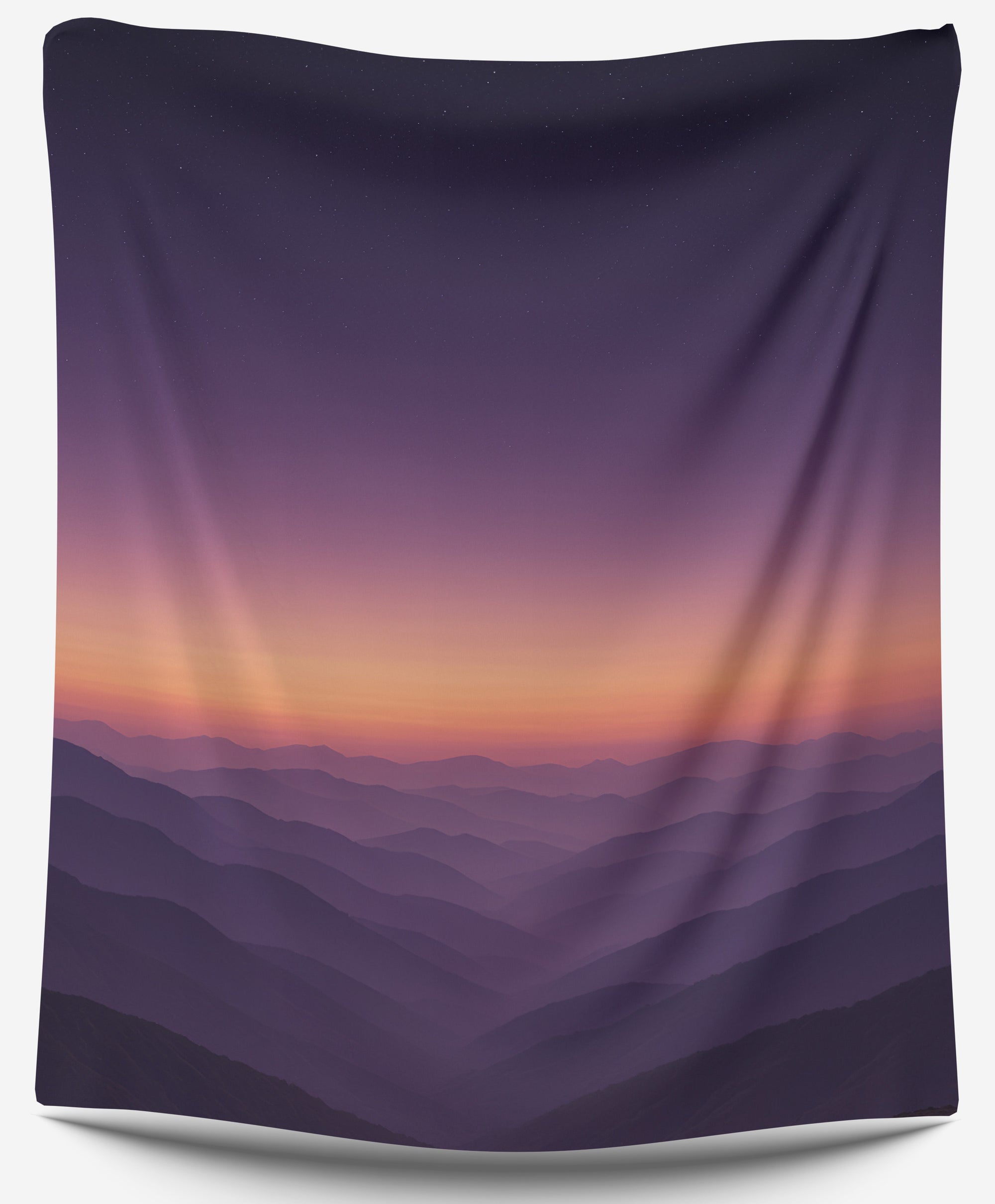 Purple and gold mountain layers at sunset with soft dreamy sky, perfect aesthetic dorm tapestry or calming wall hanging by CollegeWares.
