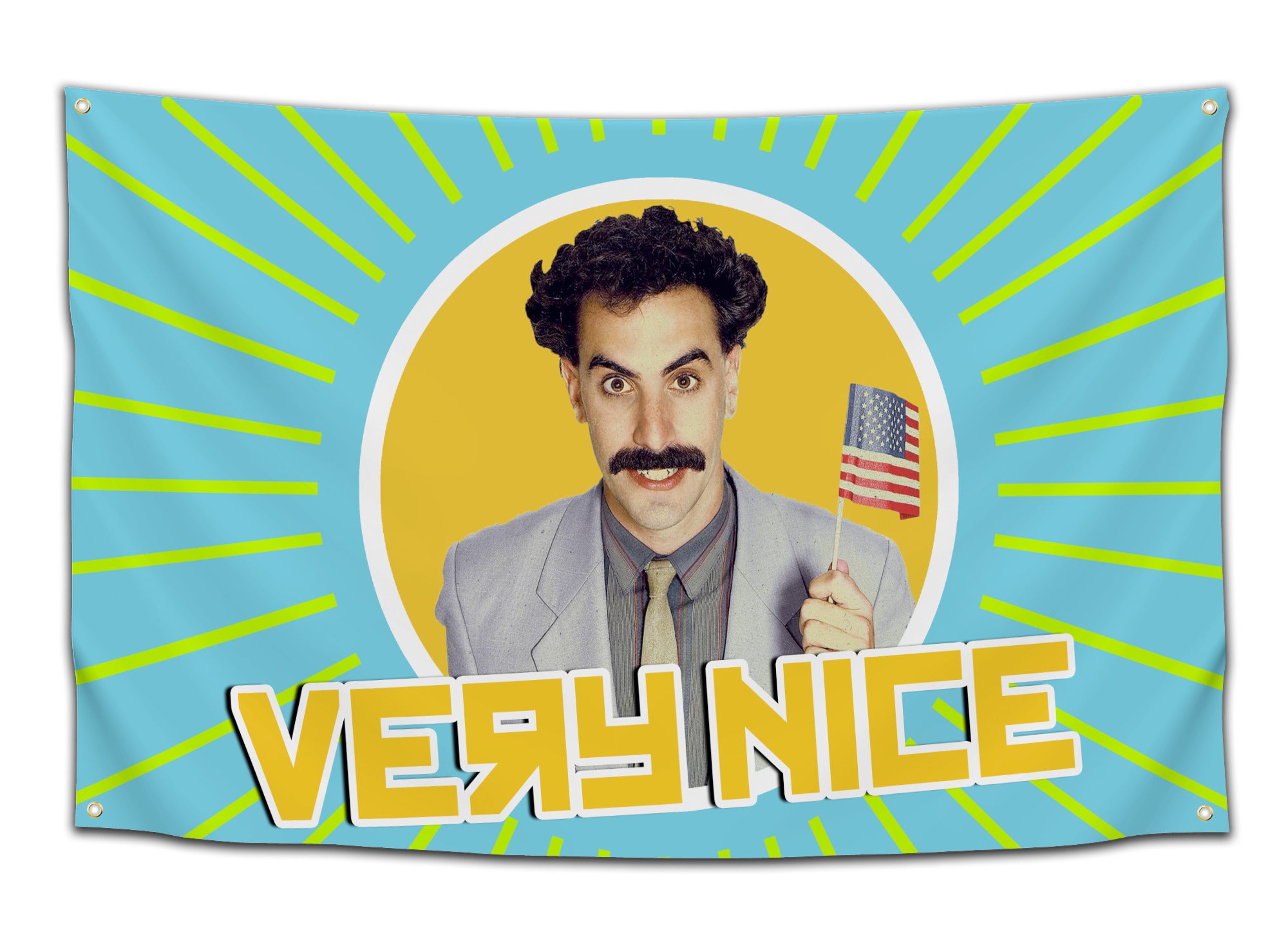 Flag featuring Borat holding a tiny American flag and smiling, with the words “Very Nice” in yellow letters on a light blue and yellow background — funny Borat movie flag from CollegeWares.
