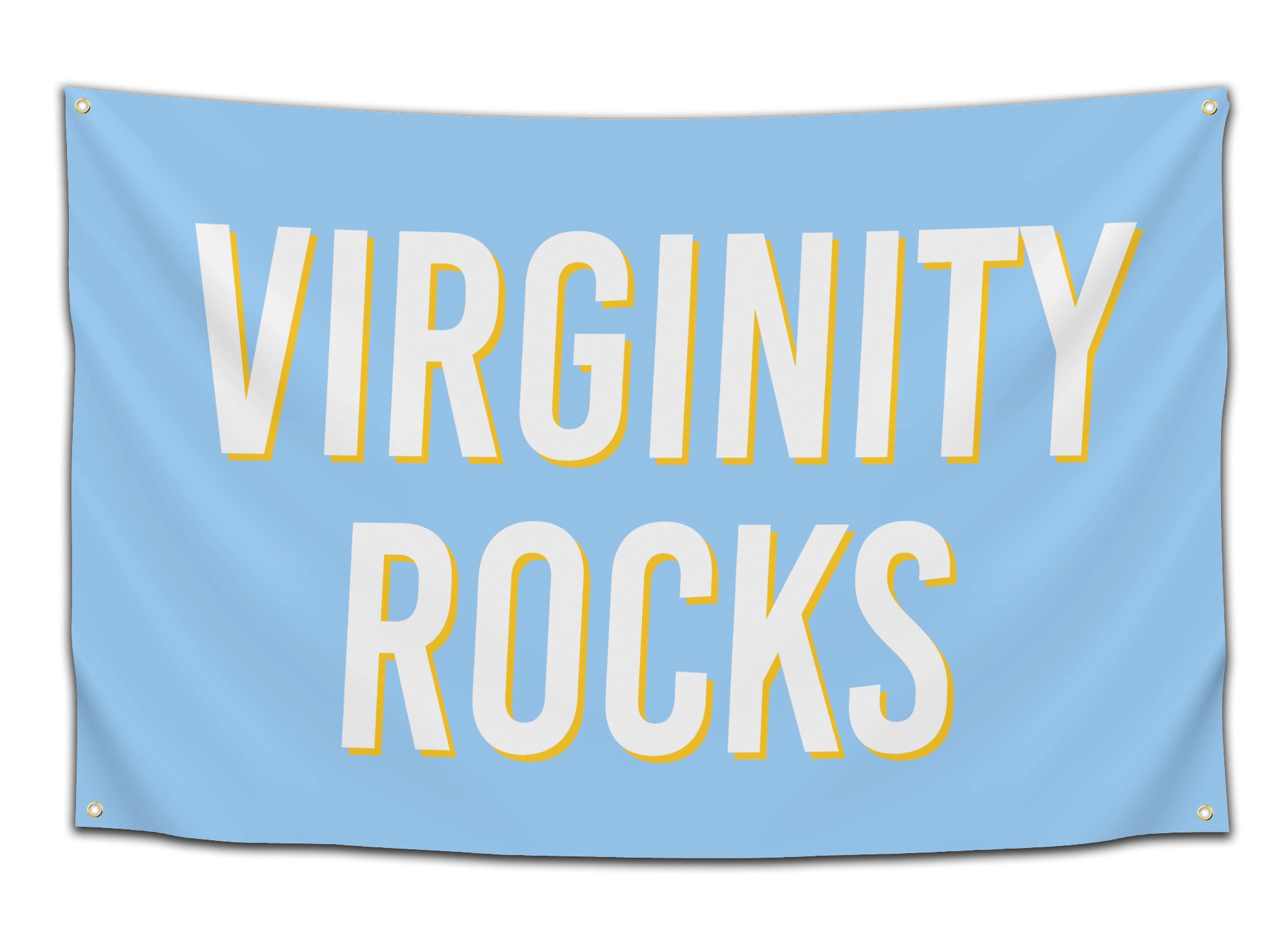 Flag featuring bold white text outlined in yellow reading “Virginity Rocks” on a light blue background — ironic college humor flag from CollegeWares.