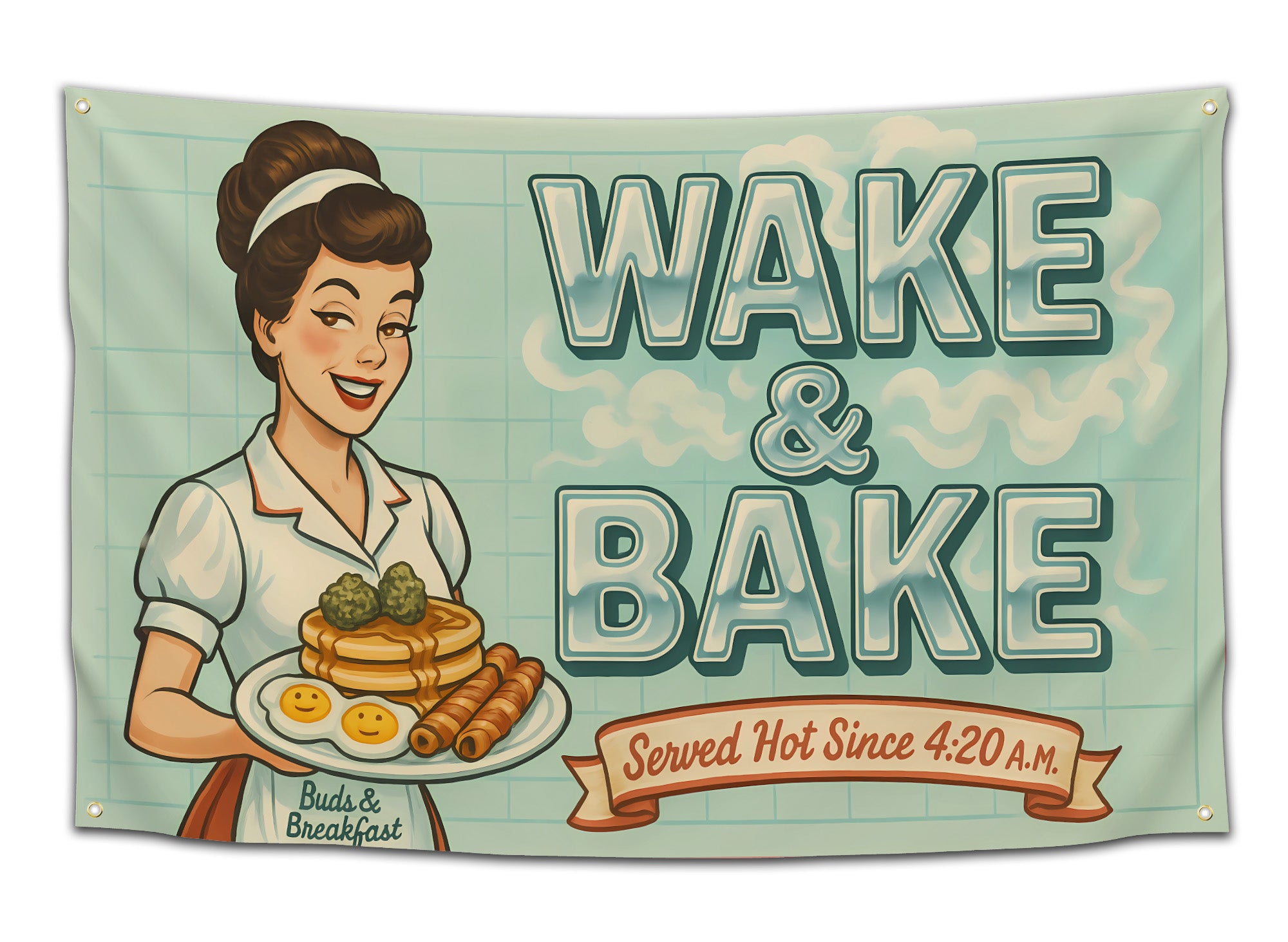 Funny “Wake & Bake” retro diner flag showing a smiling waitress holding a breakfast plate with pancakes, smiley eggs, and green buds, with large smoky letters reading “Wake & Bake” — vintage-style wall tapestry by CollegeWares.