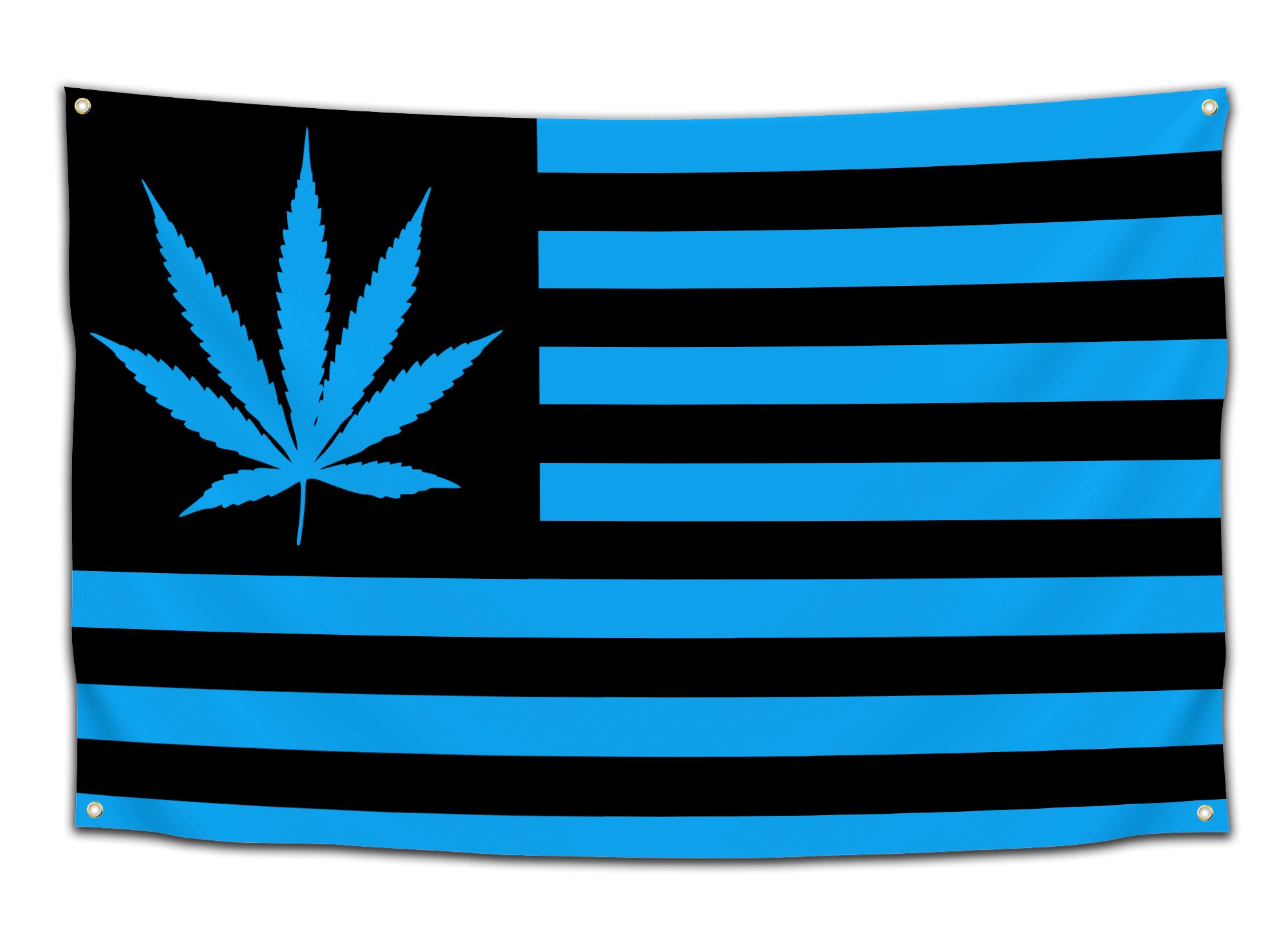 Flag with a light blue and black color scheme featuring a marijuana leaf replacing the stars on an American flag — weed-themed party flag from CollegeWares.