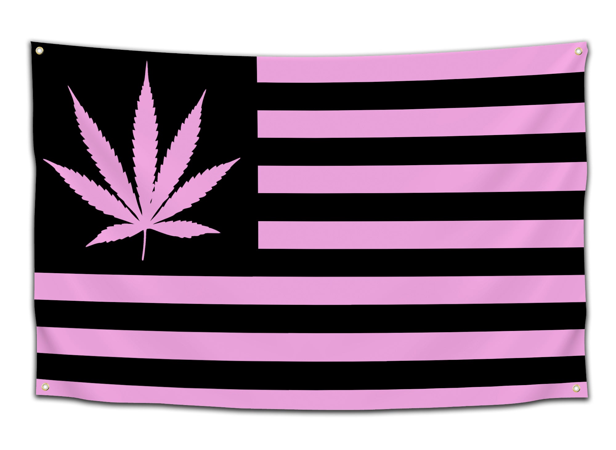 Flag with a light pink and black color scheme featuring a marijuana leaf replacing the stars on an American flag — girly weed flag from CollegeWares.