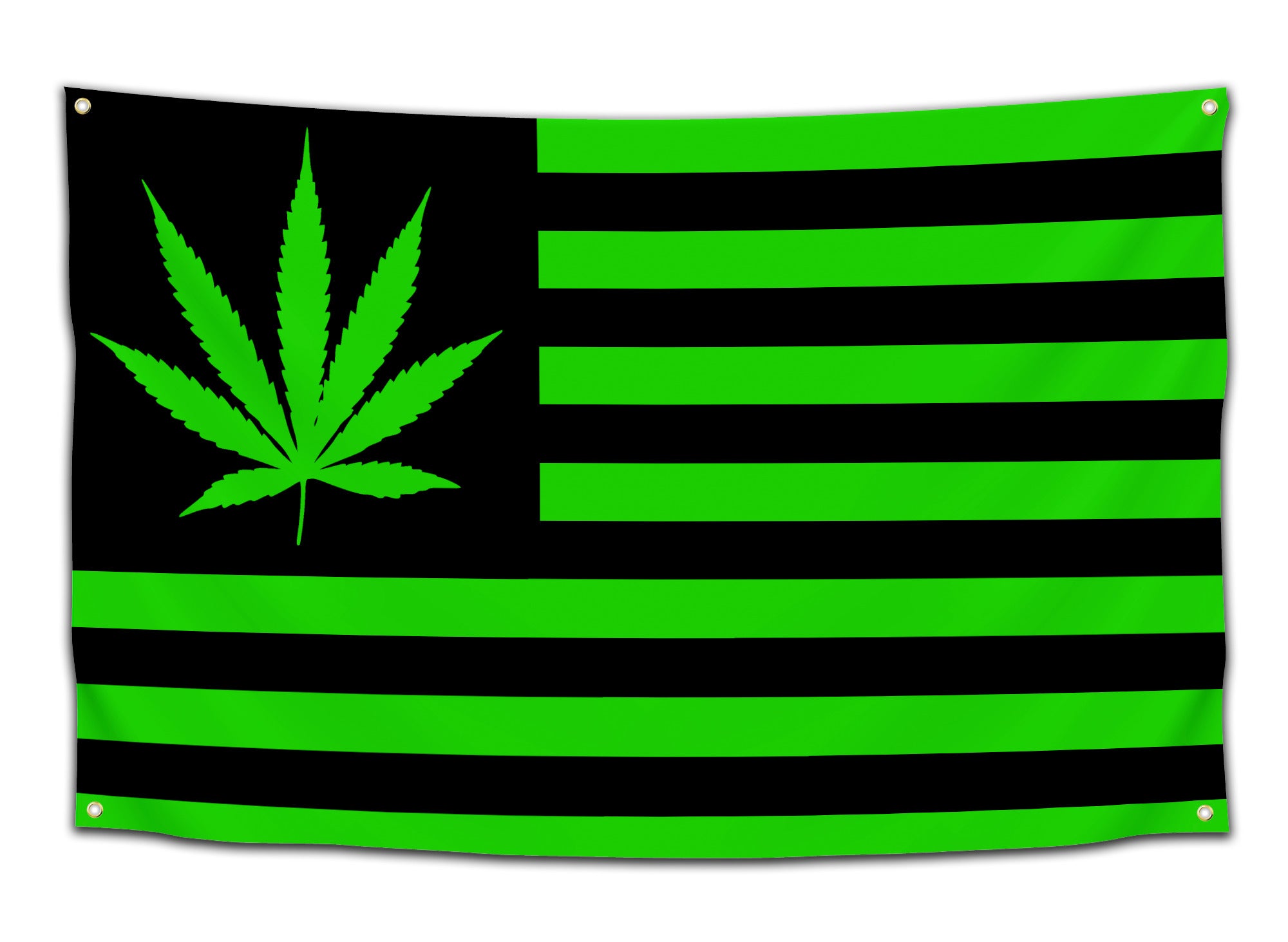 Flag with a lime green and black color scheme featuring a marijuana leaf replacing the stars on an American flag — neon weed flag from CollegeWares.