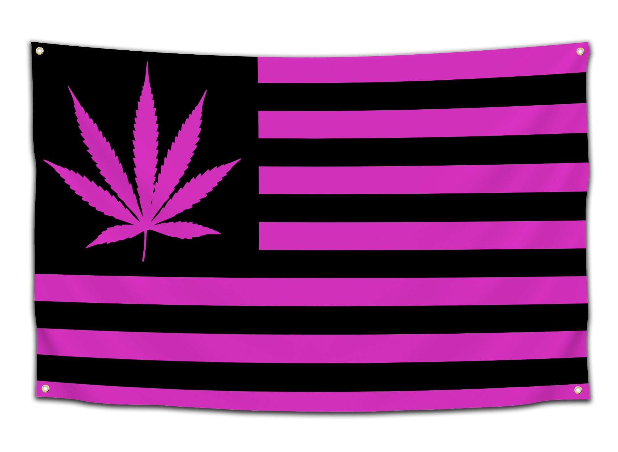 Flag with a pink and black color scheme featuring a marijuana leaf instead of stars on an American flag — vibrant stoner decor flag from CollegeWares.