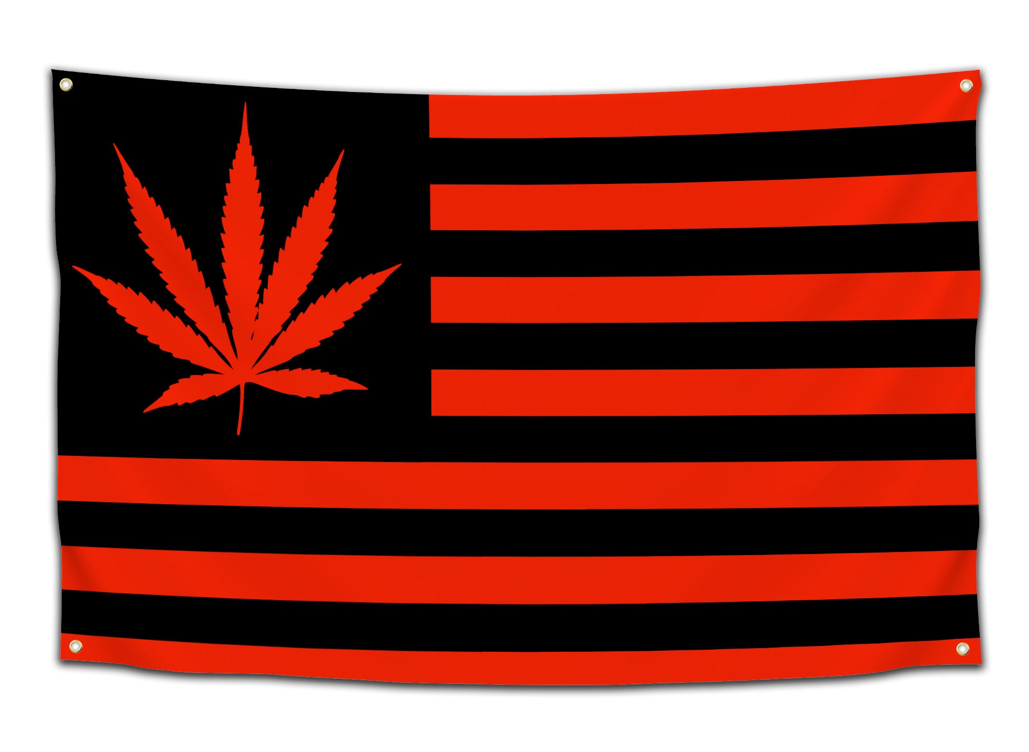 Flag with a red and black color scheme featuring a marijuana leaf in place of stars on an American flag — edgy weed flag from CollegeWares.