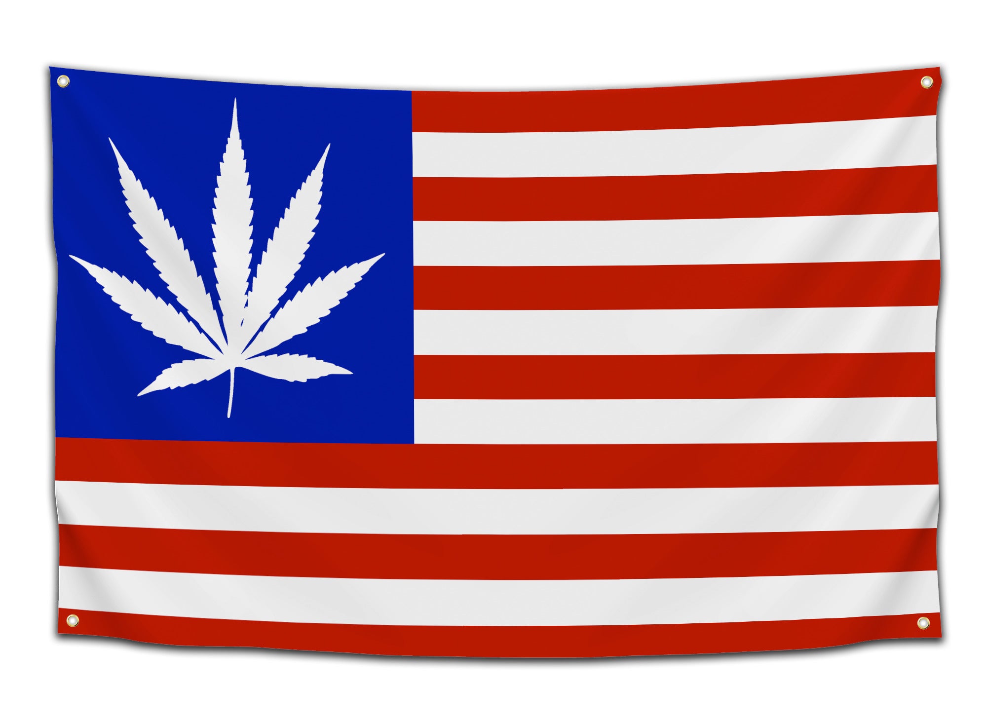 Flag resembling a traditional USA flag but replacing the stars with a white marijuana leaf on a blue field — patriotic weed flag from CollegeWares.