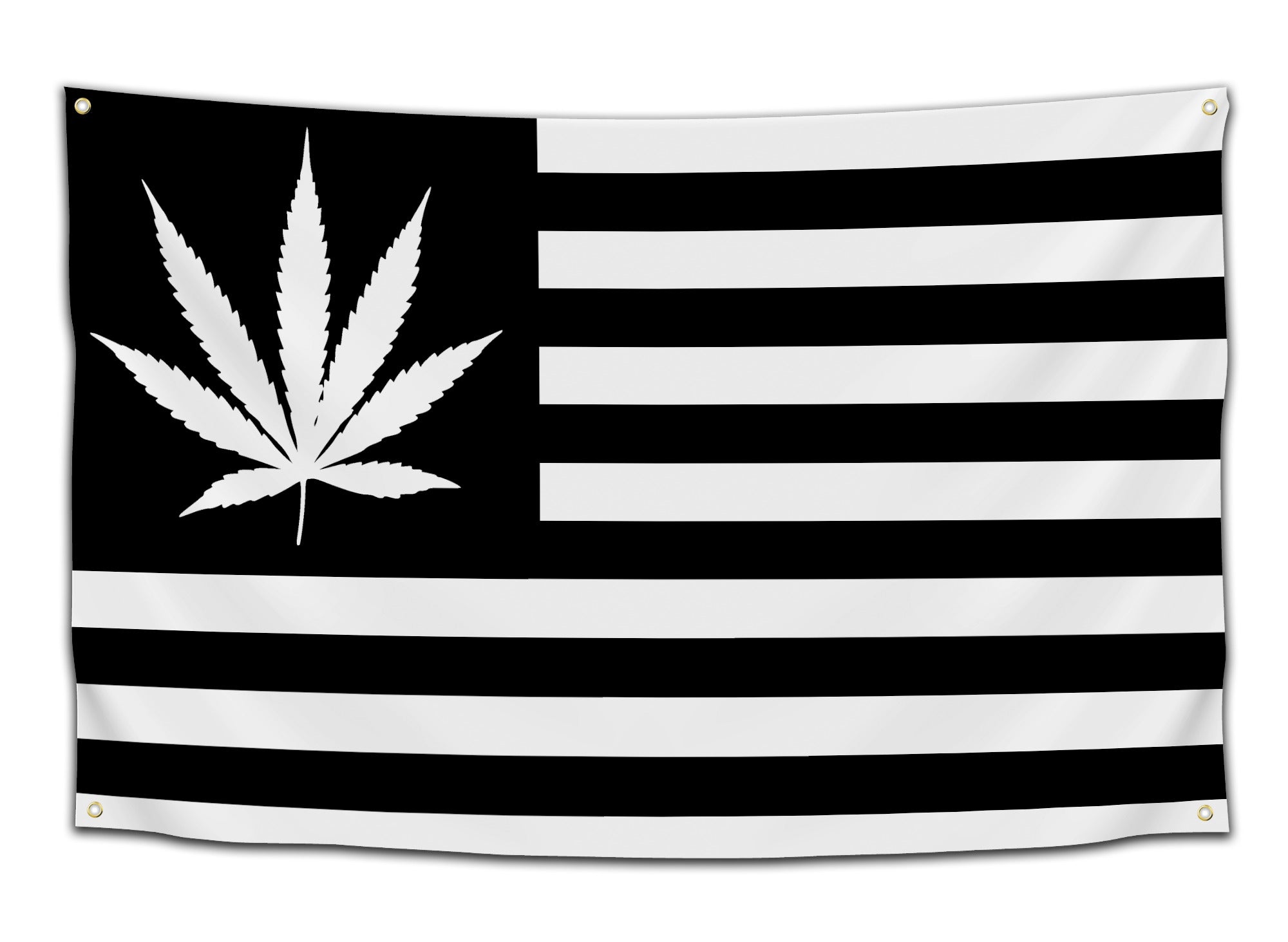 Flag with a black and white American flag design featuring a marijuana leaf where the stars would be — minimalist weed flag from CollegeWares.