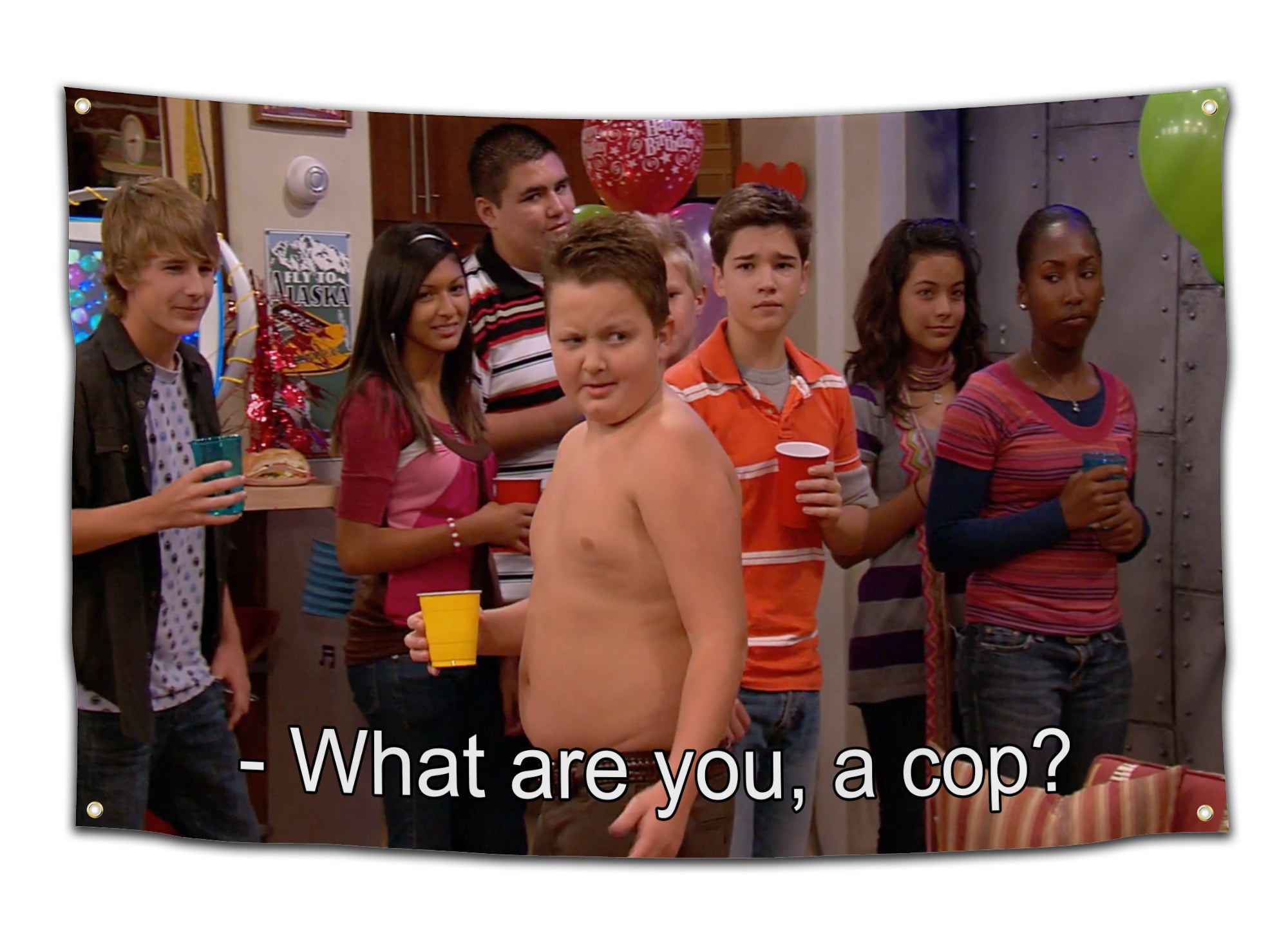 Flag featuring a scene from iCarly with shirtless Gibby holding a drink at a party, captioned “- What are you, a cop?” — viral TV meme flag from CollegeWares.