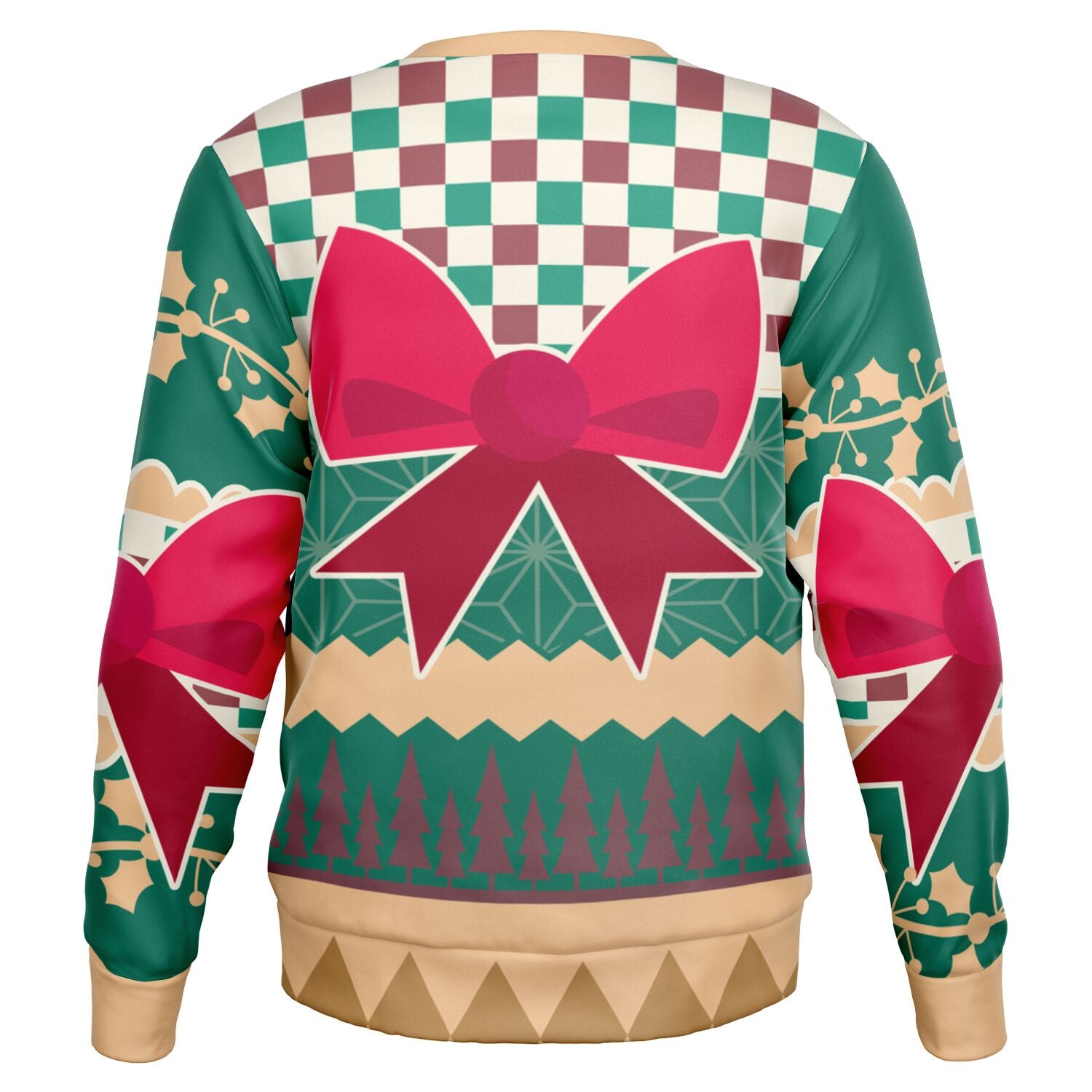 Back view of green and tan sweater with oversized red bows and no text — cheeky festive design from CollegeWares.