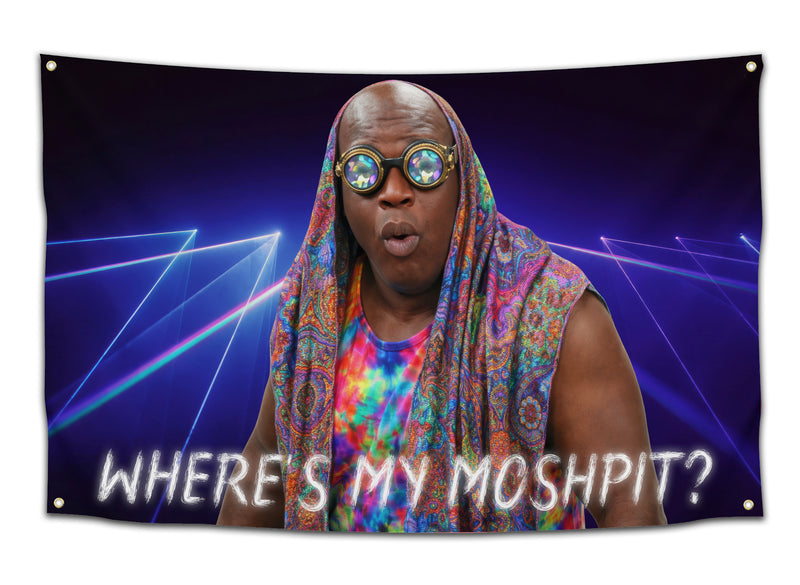 EDM flag featuring DJ Diesel wearing kaleidoscope goggles and colorful festival attire with the phrase “Where’s My Moshpit?” displayed across the bottom against a laser filled background. This rave flag is ideal for festival camps, DJ rooms, and bass music decor collections from CollegeWares.