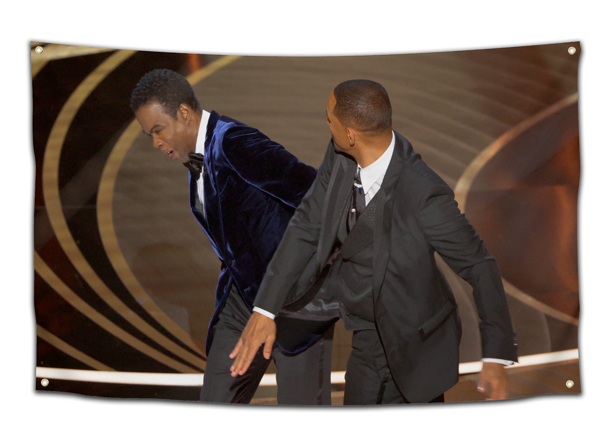 Flag featuring Will Smith slapping Chris Rock during the Oscars — viral moment meme flag from CollegeWares.