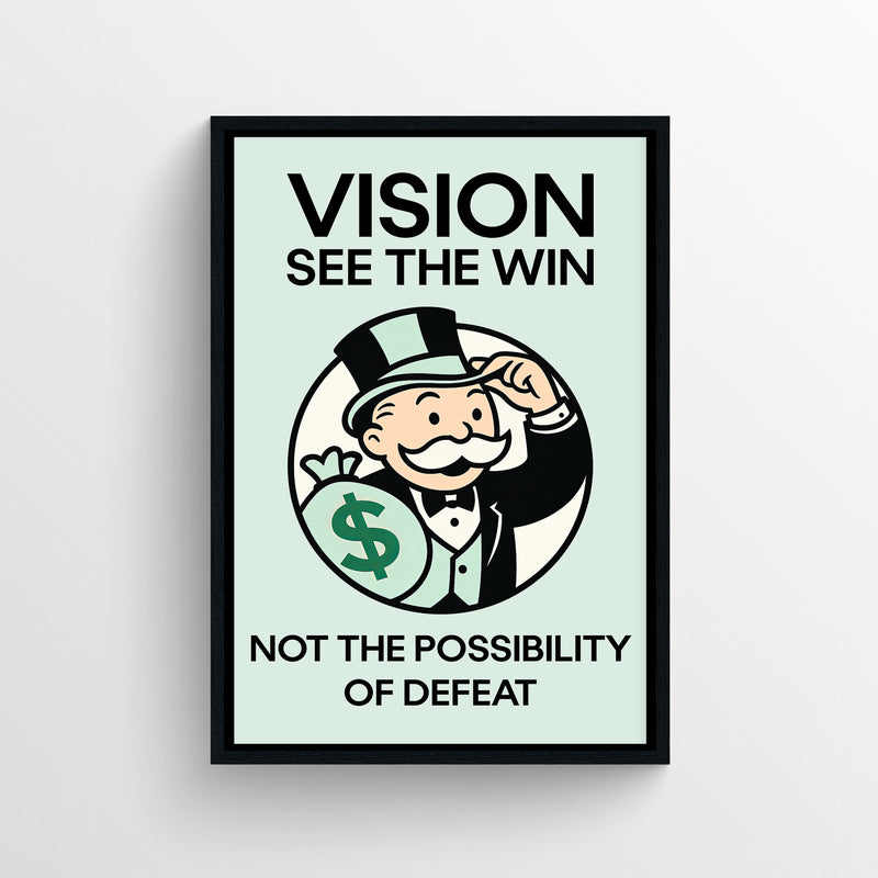 Minimal mint-green motivational poster with bold black text and a cartoon businessman holding a money bag — modern wall art for dorms, home offices, and apartment décor from CollegeWares.