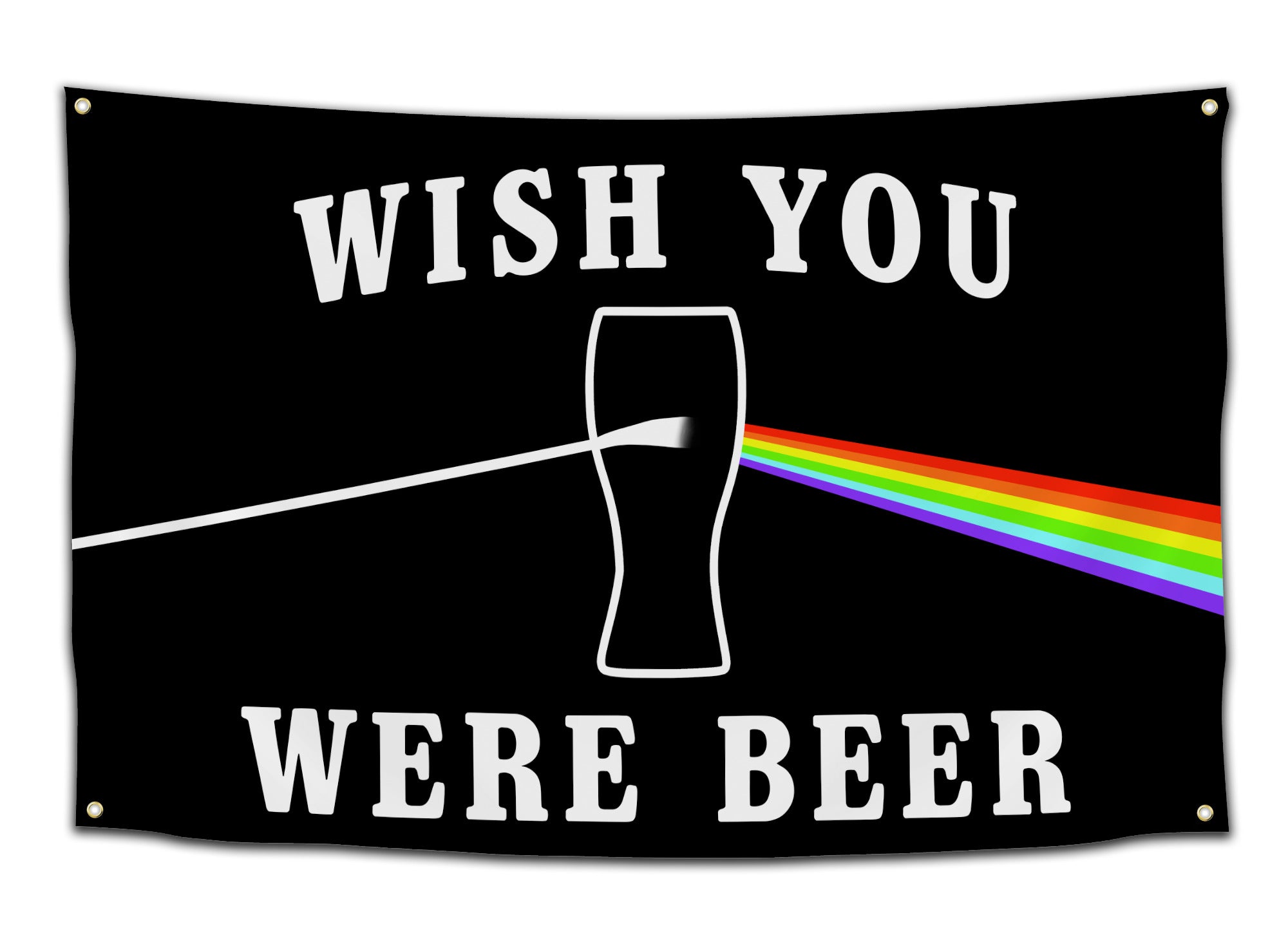 Flag parodying the Pink Floyd album cover “Dark Side of the Moon,” featuring a beer glass instead of a prism with the text “Wish You Were Beer” — music parody flag from CollegeWares.
