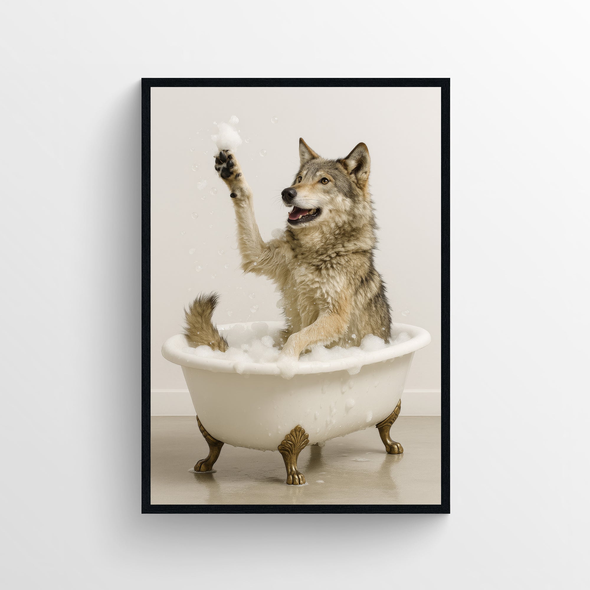 Photorealistic wolf splashing in a clawfoot bathtub with soap bubbles — funny bathroom wall art featuring playful animal bath scene, minimalist neutral tones, modern humor poster by CollegeWares.