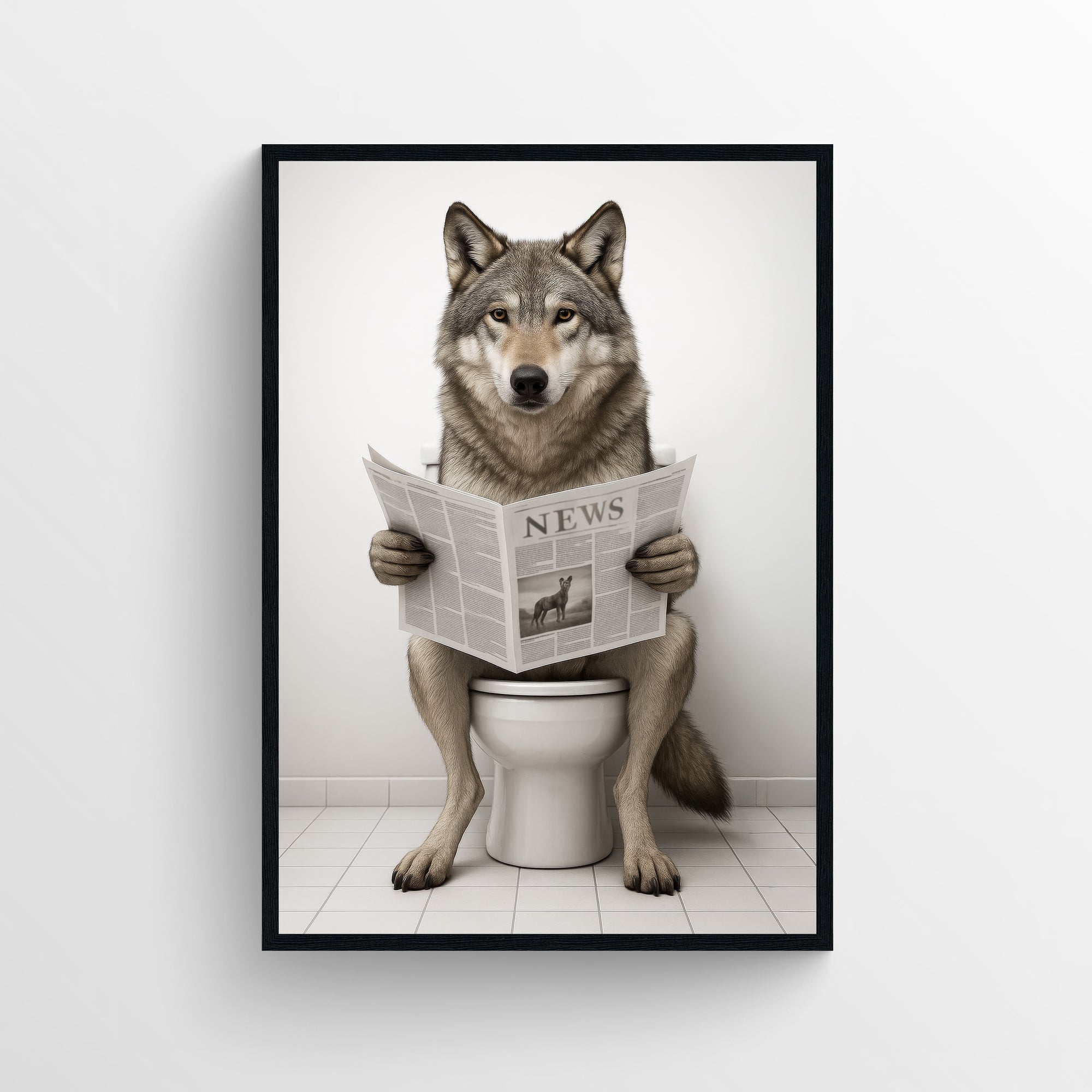 Photorealistic wolf sitting on a toilet reading a newspaper — funny bathroom poster with minimalist modern style for apartments, dorms, and guest bathrooms, animal wall print by CollegeWares.