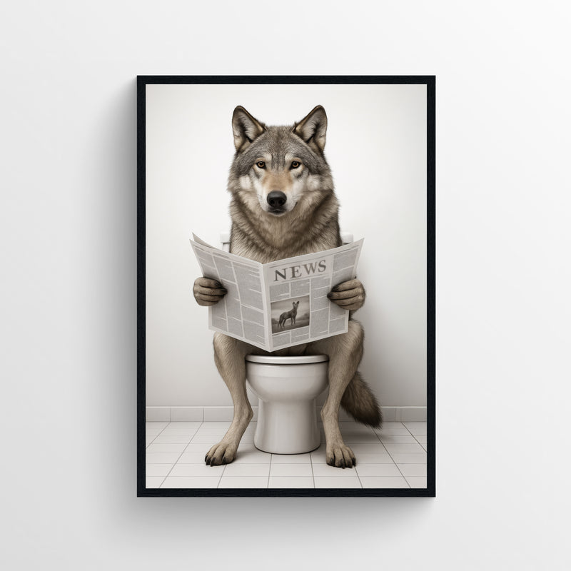 Photorealistic wolf sitting on a toilet reading a newspaper — funny bathroom poster with minimalist modern style for apartments, dorms, and guest bathrooms, animal wall print by CollegeWares.